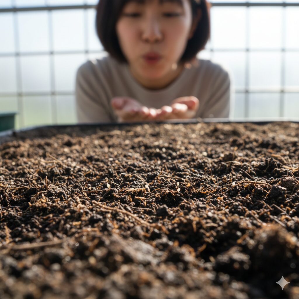 ウィンティー 種3　好光性種子であるウィンティーの種を土の上に覆土せずまいた状態の接写。発芽に必要な光が当たる正しい種まきの様子。