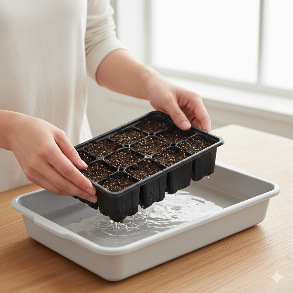 ウィンティー 種4　ウィンティーの微細な種が流れないように、育苗トレイをバットに浸して底面給水を行っているガーデニングテクニック。