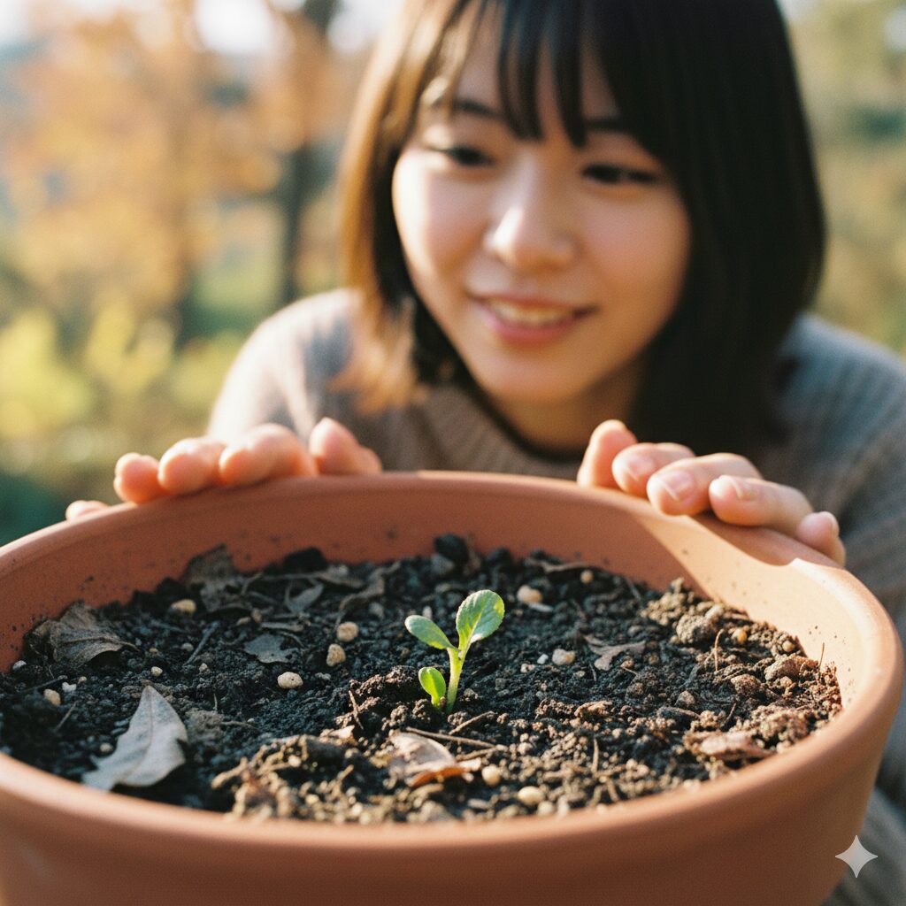 ウィンティー 種6　ウィンティーの鉢から自然に発芽したこぼれ種の小さな芽。夏を越して秋に芽吹いたボランティア・シードリング。