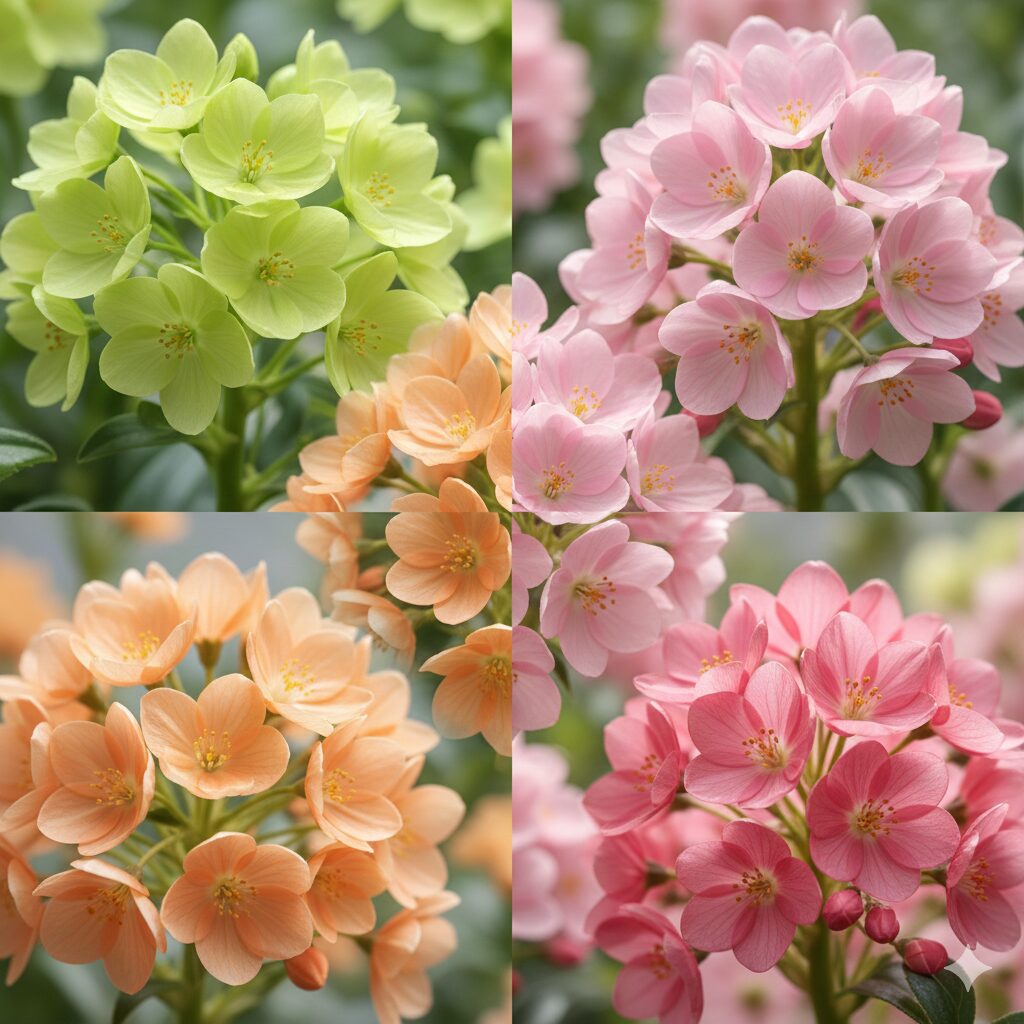 ウィンティー 種7　ウィンティーの主要4品種（ライムグリーン、サクラ、ピーチ、ローズ）の花色比較。グラデーションが美しいカラーバリエーション。