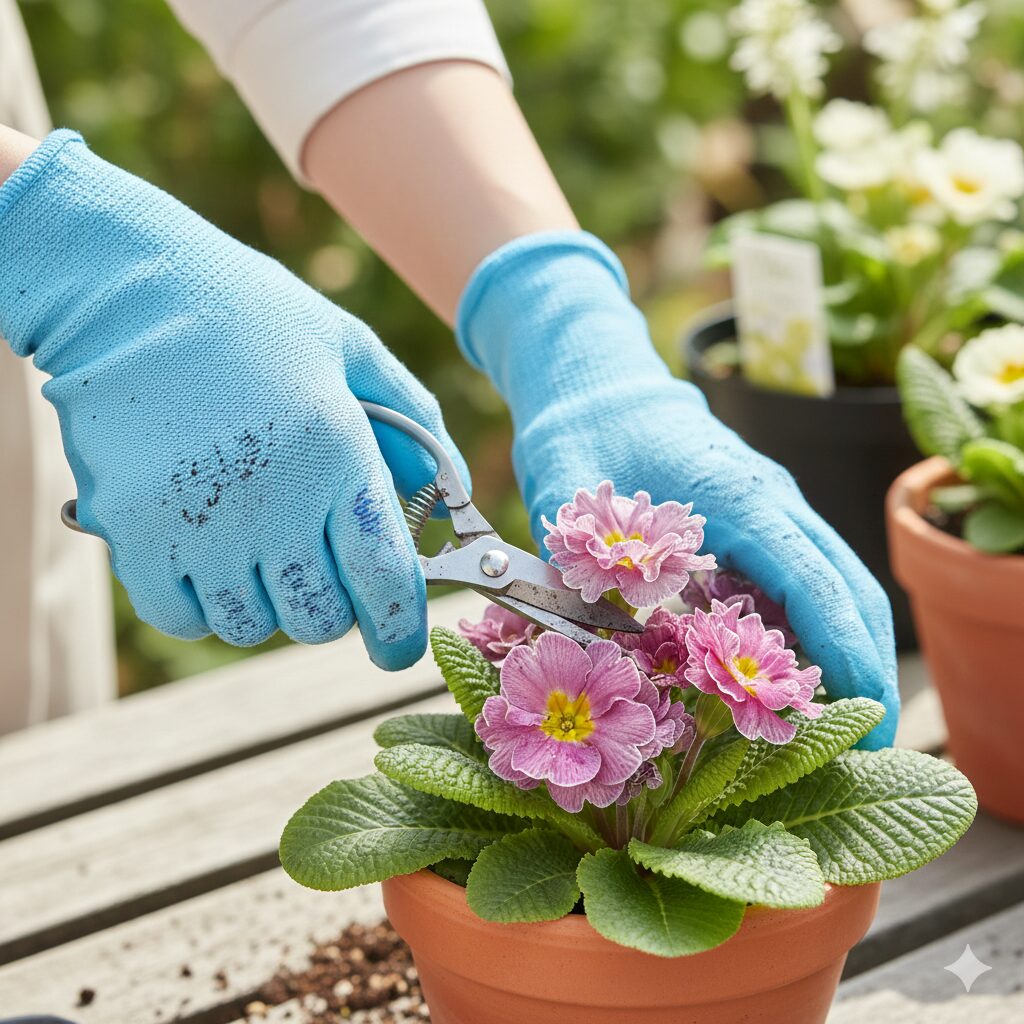ウィンティー 種8　プリミンによるかぶれを防ぐため、ビニール手袋を着用してウィンティーの手入れをする安全なガーデニング作業。