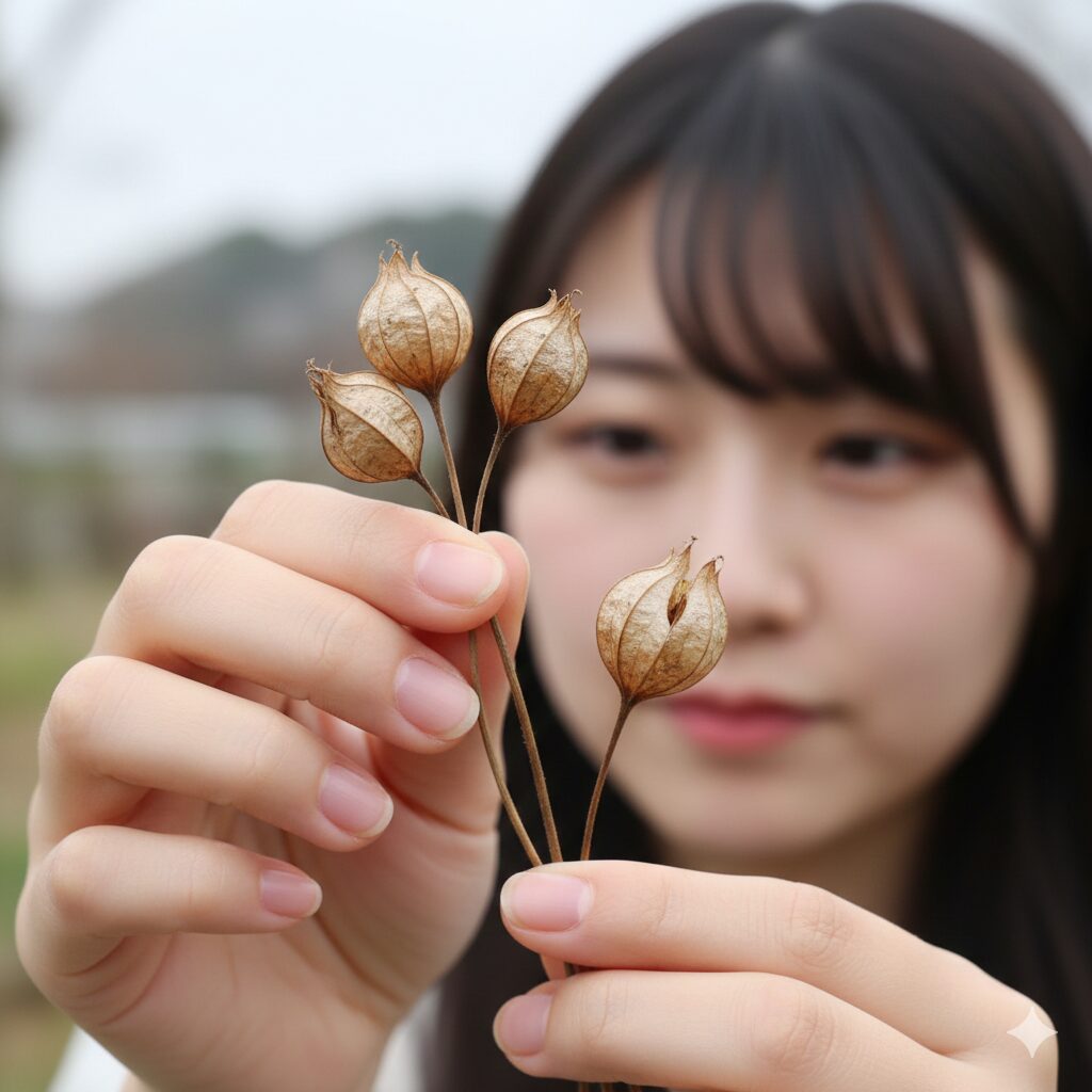 ウィンティー 種9　採取適期を迎えたウィンティーの茶色く乾燥した子房。種が詰まった実の収穫タイミング。
