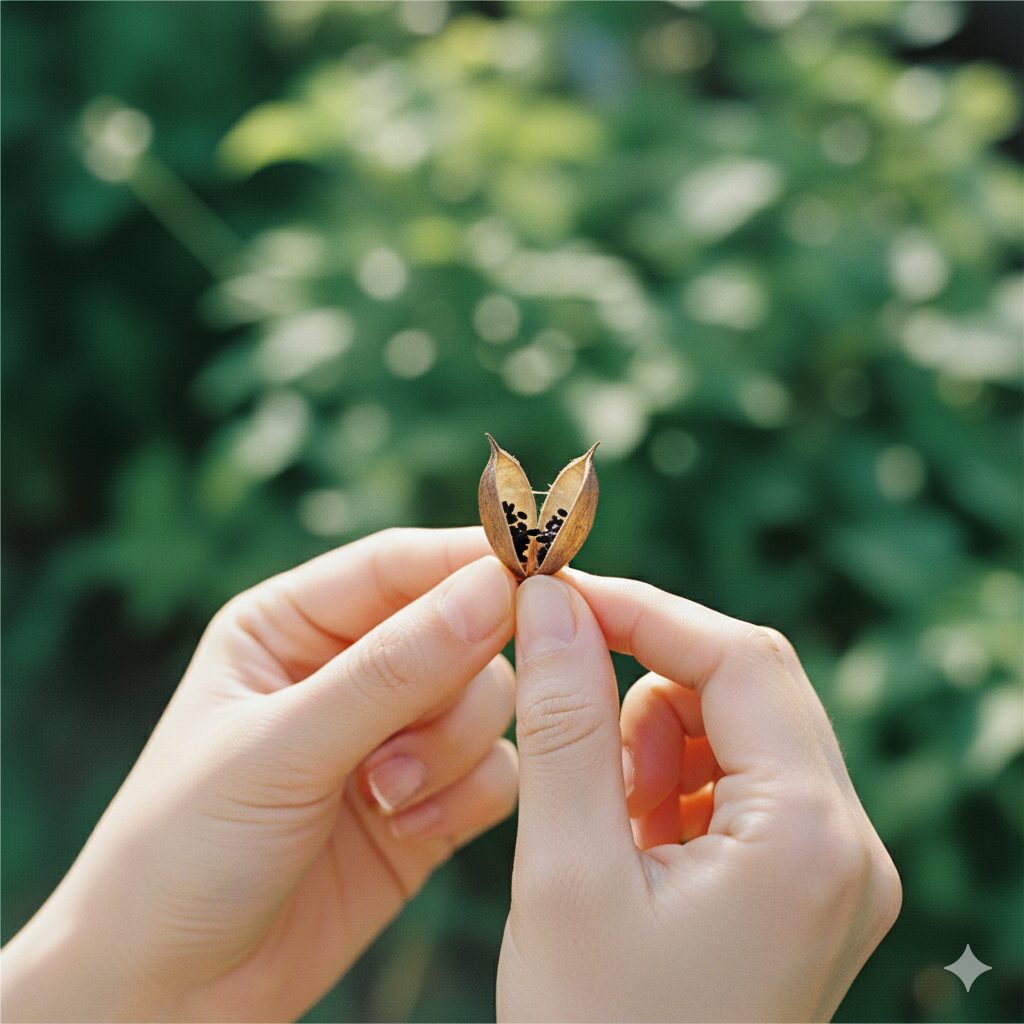 ウィンティー 種まき10　自家採種のために収穫時期を迎えたウィンティーの茶色い種子カプセル