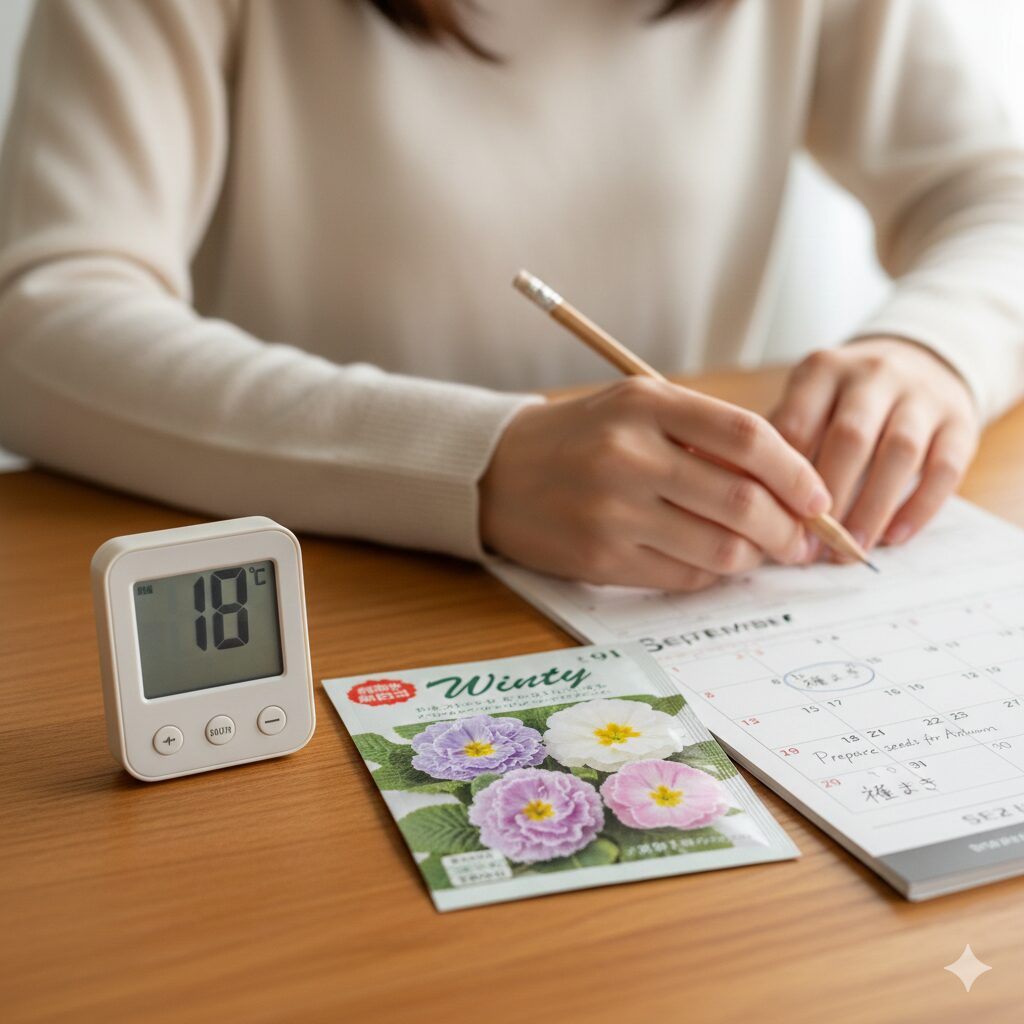 ウィンティー 種まき2　ウィンティーの発芽適温15度から20度をチェックする園芸用温度計と種袋
