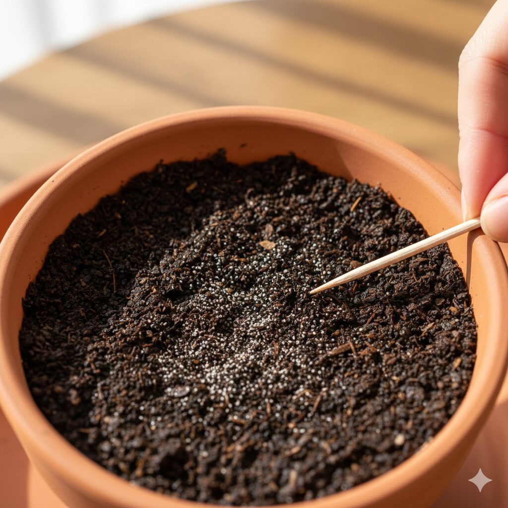 ウィンティー 種まき3　覆土をせずに土の表面に蒔かれたウィンティーの微細な好光性種子