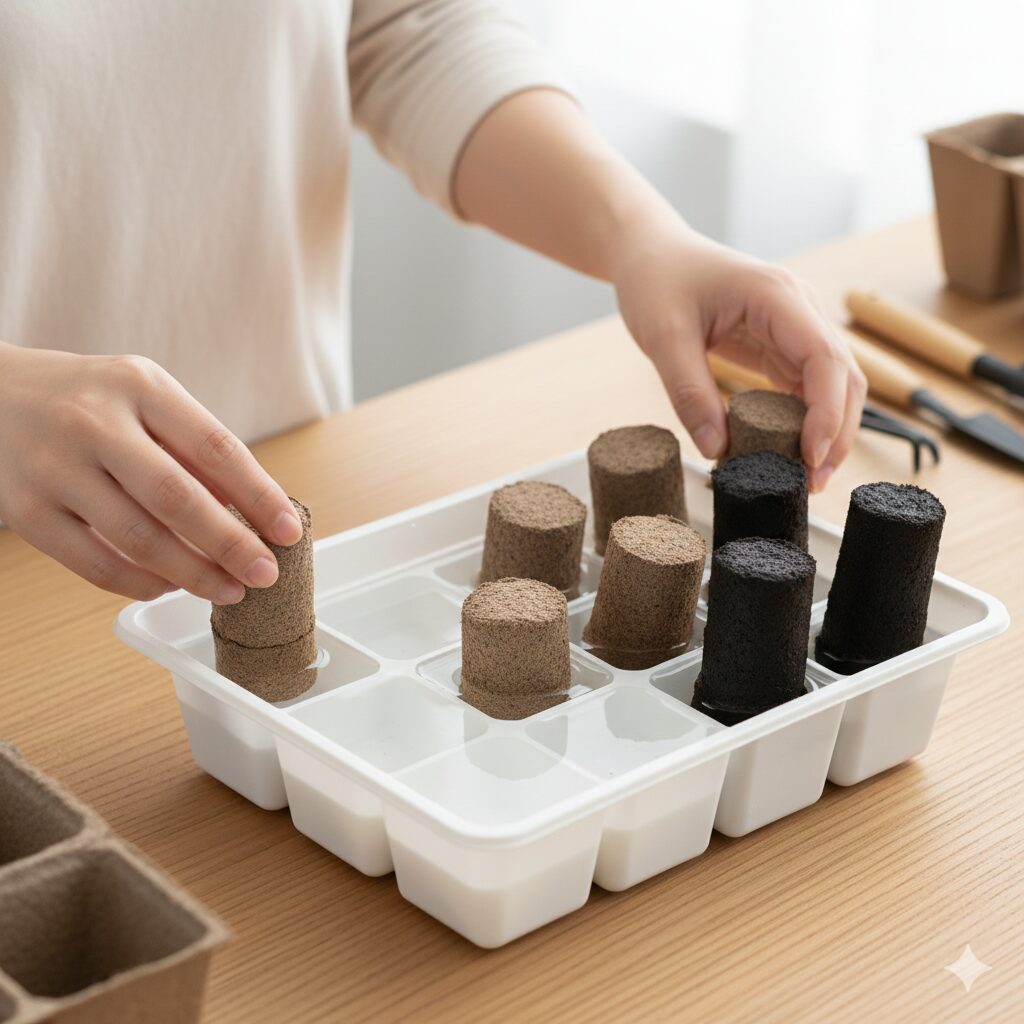 ウィンティー 種まき4　ウィンティーの種まき準備でピートバンを底面吸水させている様子