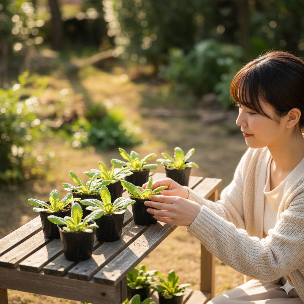 ウィンティー 種まき7　日当たり調整を行い徒長せずにがっしりと育ったウィンティーの幼苗