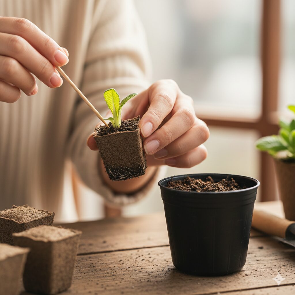 ウィンティー 種まき8　竹串を使ってウィンティーの苗を根を傷めずポット上げする植え替え作業