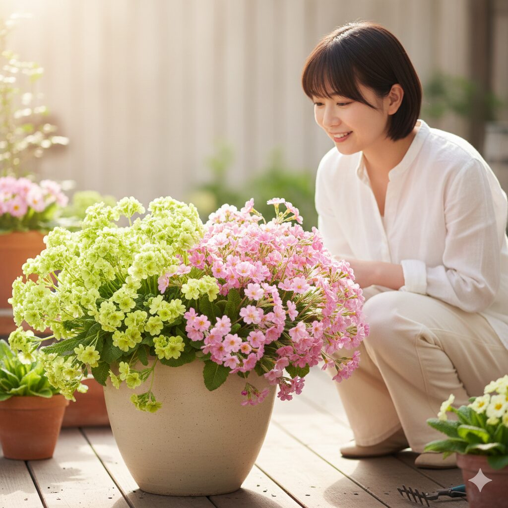ウィンティー 花がら摘み1　満開のサントリーフラワーズ・ウィンティー。ライムグリーンとサクラ色が美しく咲く鉢植えの全体像。