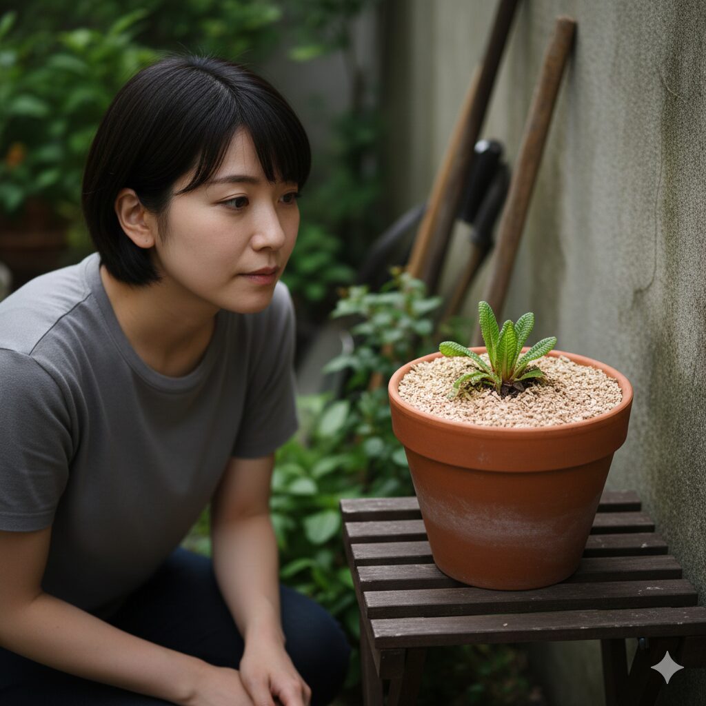 ウィンティー 花がら摘み10　ウィンティーの夏越しに向けた強剪定。花茎をすべてカットし涼しい場所で管理する姿。
