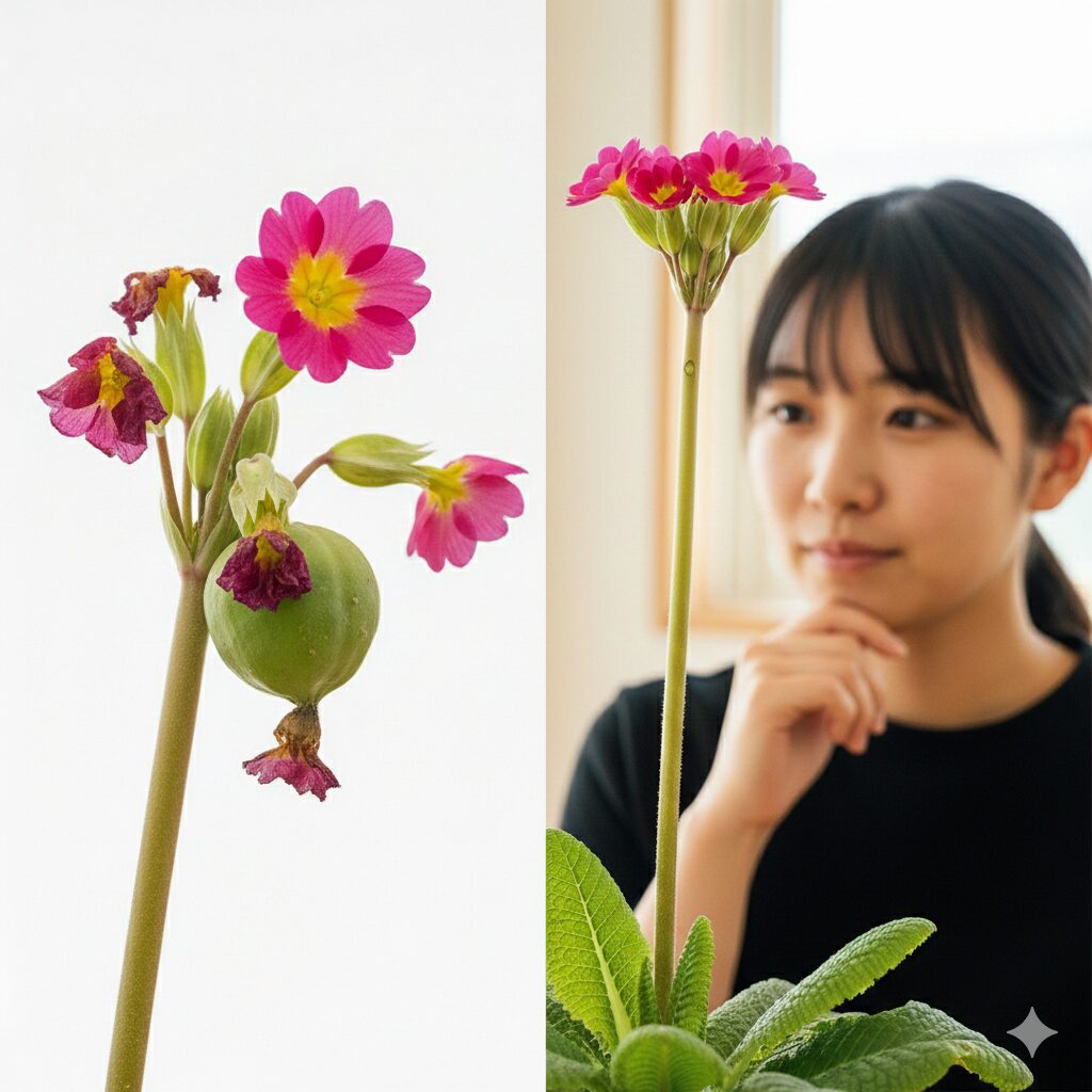 ウィンティー 花がら摘み2　ウィンティーの花がら摘みによるエネルギー再分配。種子形成を抑え新しいつぼみを促進するイメージ。