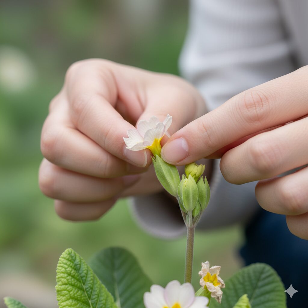 ウィンティー 花がら摘み3　ウィンティーの花がら摘みの実践。褪色した花と次に咲く元気なつぼみの比較写真。