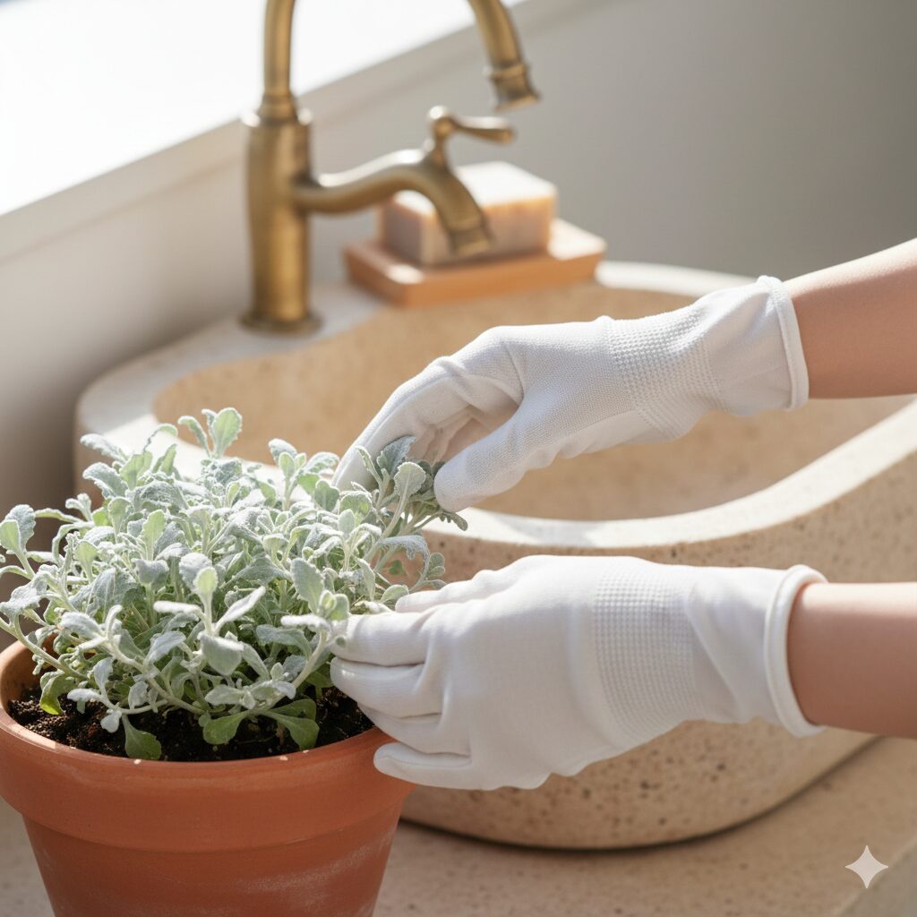 ウィンティー 花がら摘み4　ウィンティーのお手入れ時の手袋着用。プリミンによる肌のかぶれを予防する安全な作業風景。