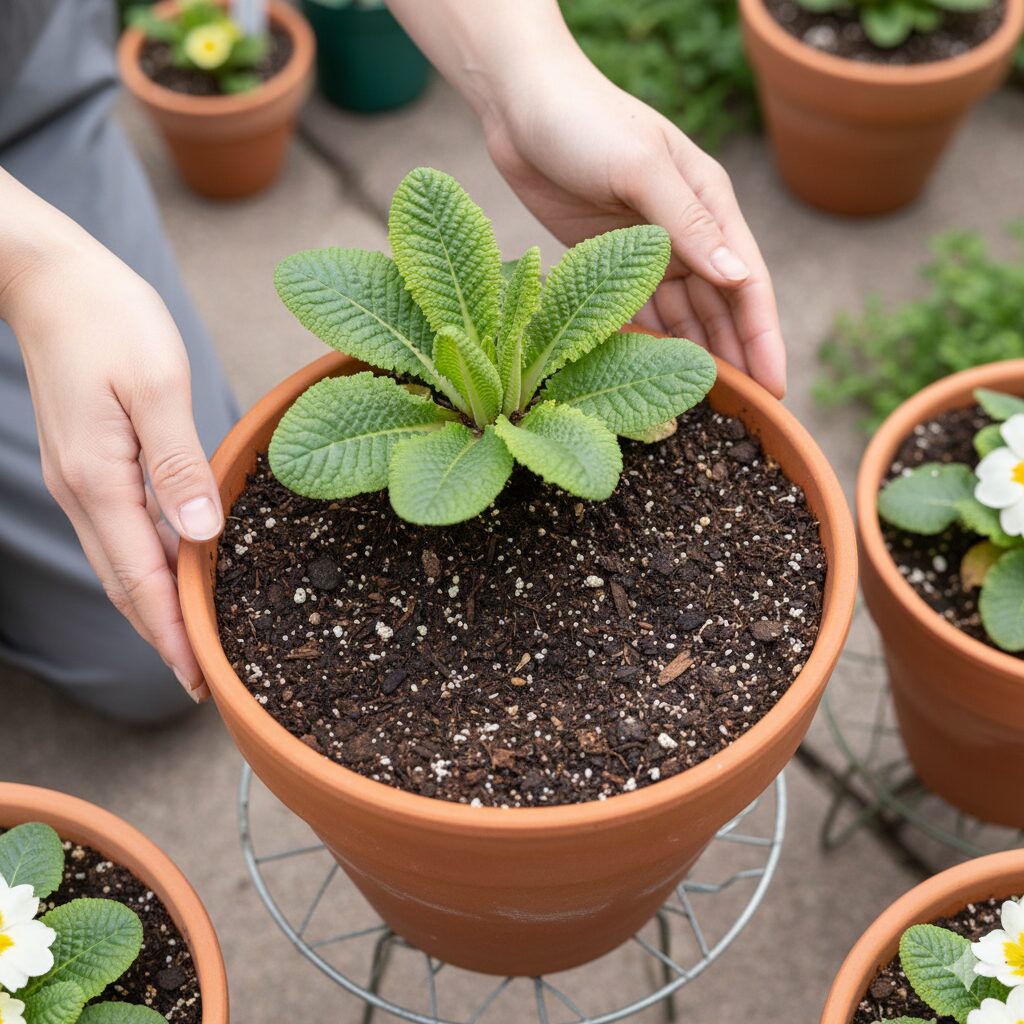 ウィンティー 花がら摘み6　灰色かび病を予防するウィンティーの株元管理。花がらを除去し清潔に保たれた土壌。
