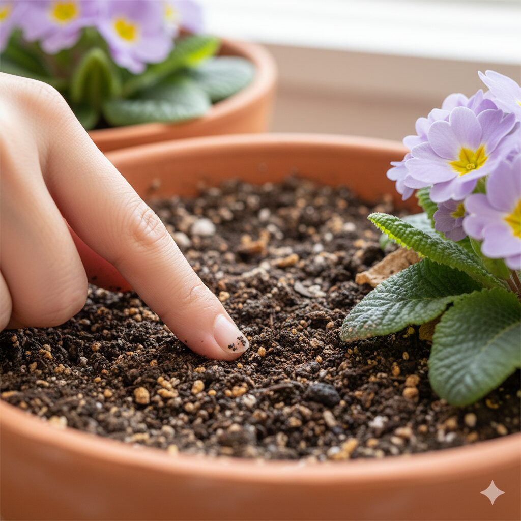 ウィンティー 花がら摘み7　ウィンティーの土の乾燥チェック。水やりのタイミングを指で確認する実践的なシーン。