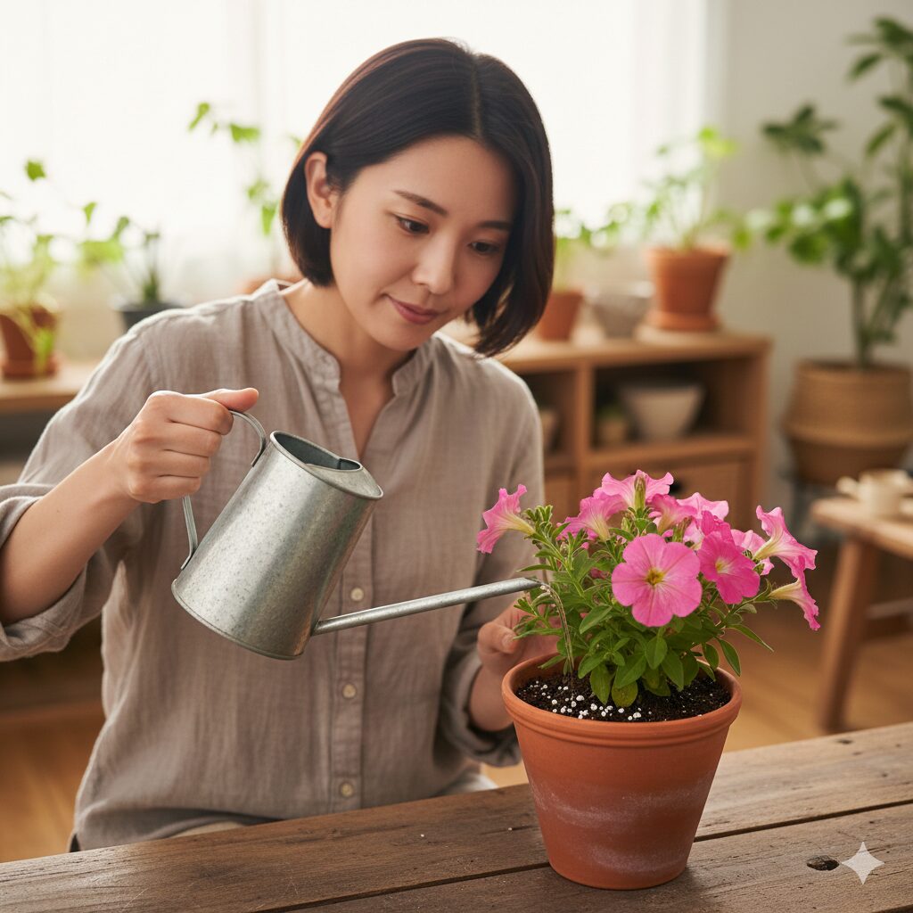 ウィンティー 花がら摘み9　ウィンティーへの液体肥料の与え方。花にかからないよう株元へ注ぐ正しい施肥方法。