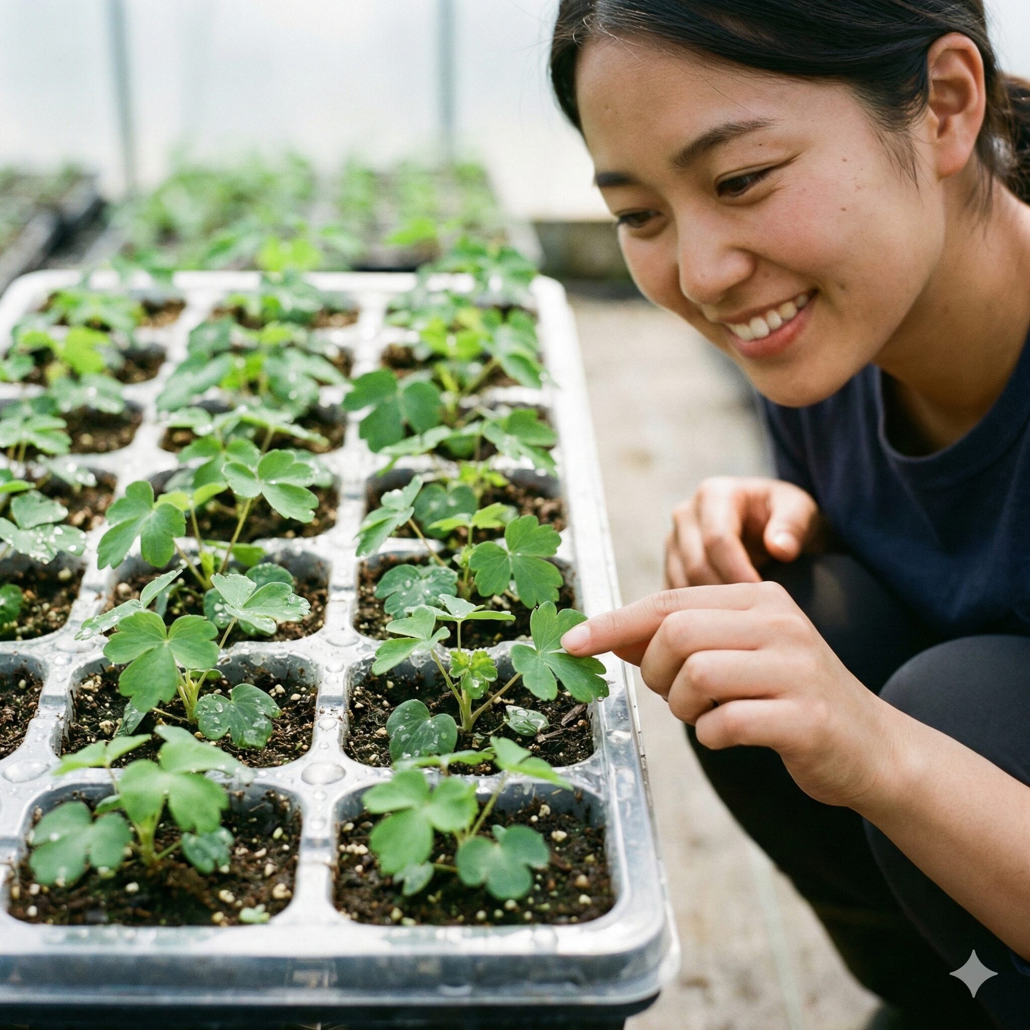 オダマキ 種まき 発芽 しない10　本葉が2〜3枚展開しポット上げの時期を迎えた元気なオダマキの幼苗