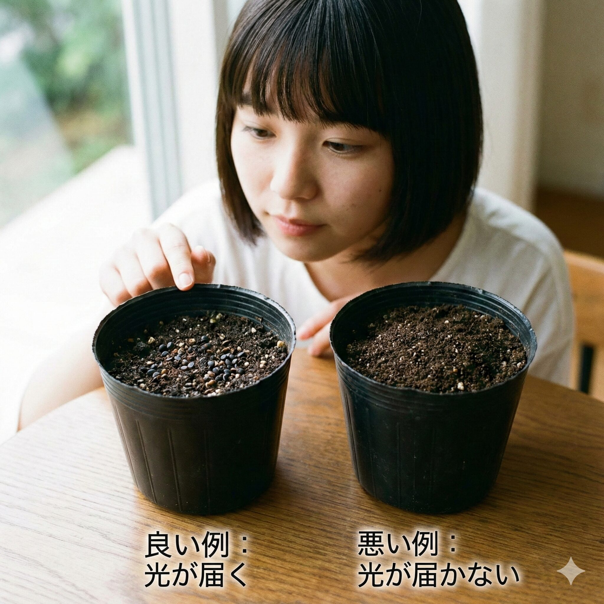 オダマキ 種まき 発芽 しない3　オダマキの種まきにおける良い例（無覆土）と悪い例（厚覆土）の比較写真