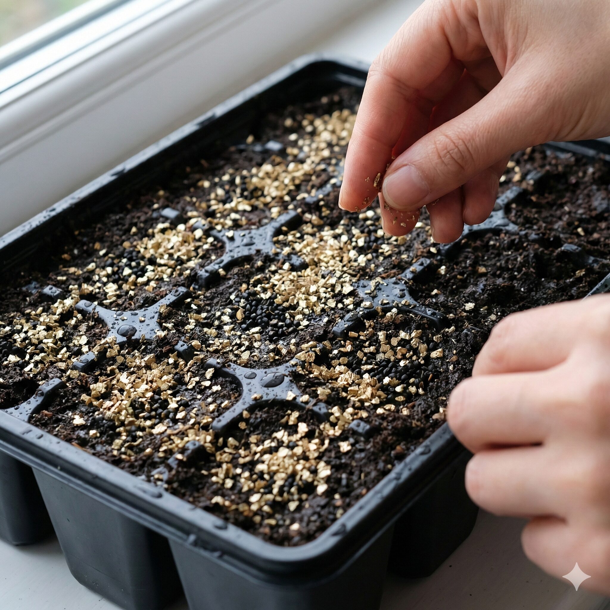 オダマキ 種まき 発芽 しない4　オダマキの種の上にバーミキュライトをごく薄く覆土した様子