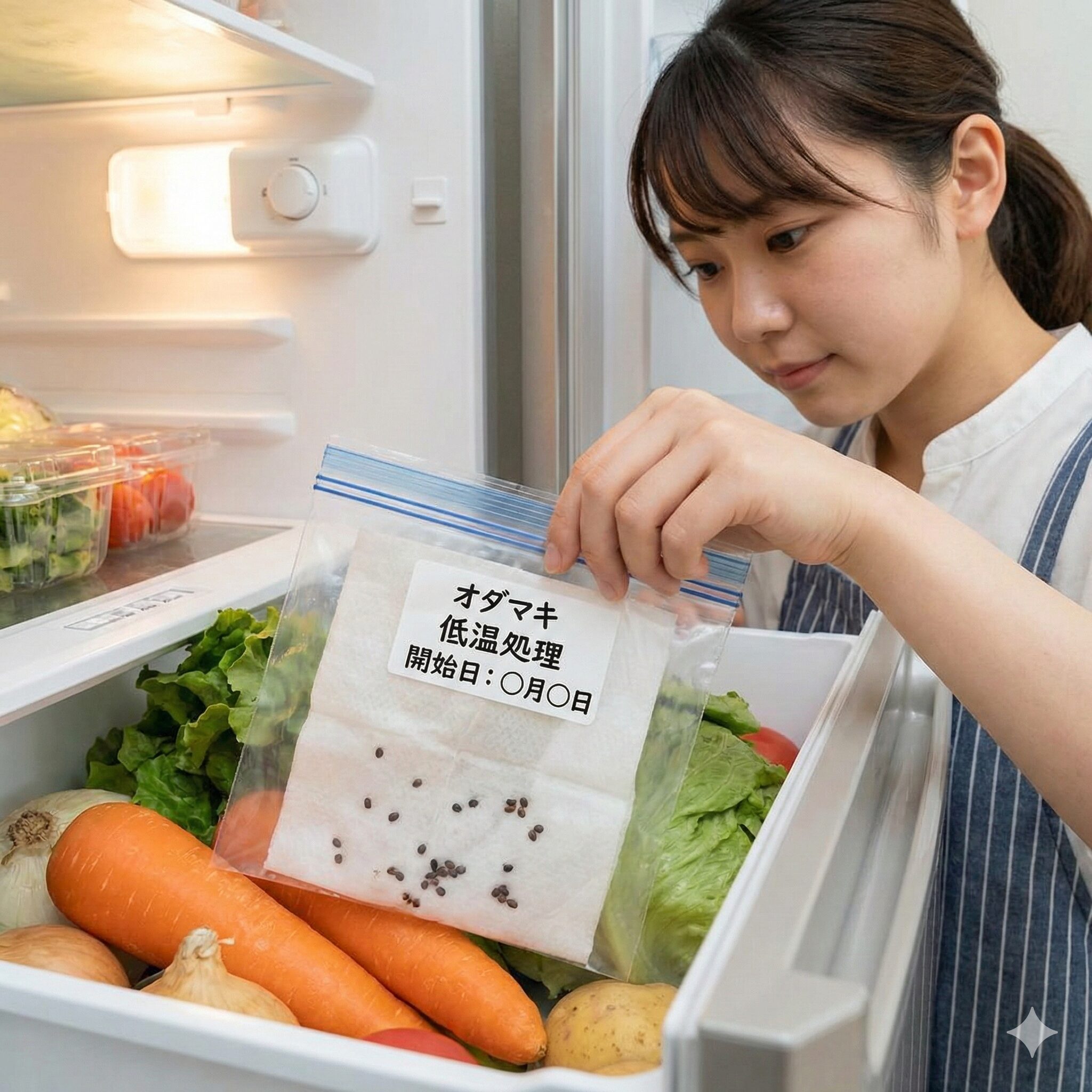 オダマキ 種まき 発芽 しない5　キッチンペーパーと保存袋を使って冷蔵庫で低温処理されているオダマキの種