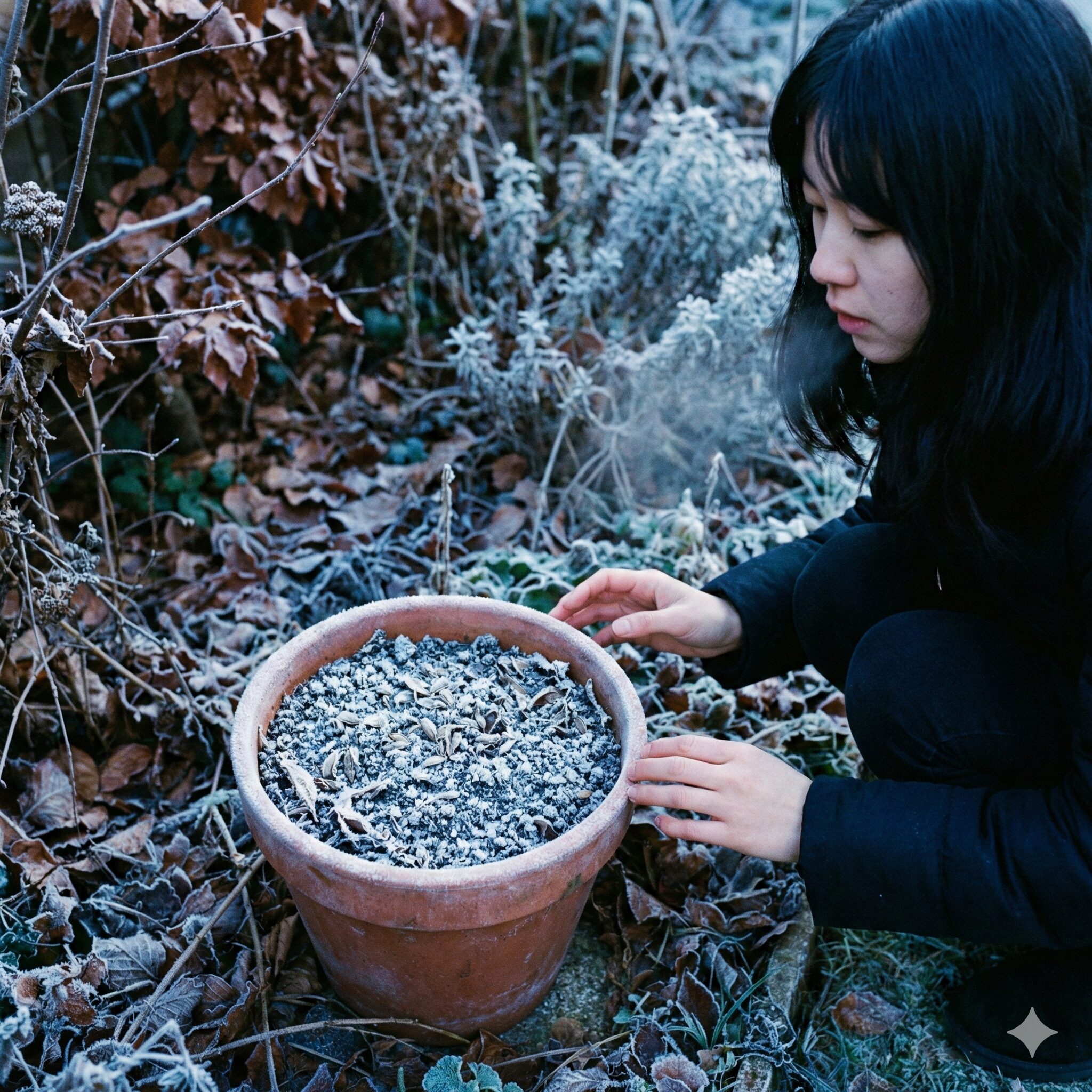 オダマキ 種まき 発芽 しない6　冬の屋外で寒さや霜に当てて管理している秋まきオダマキの鉢