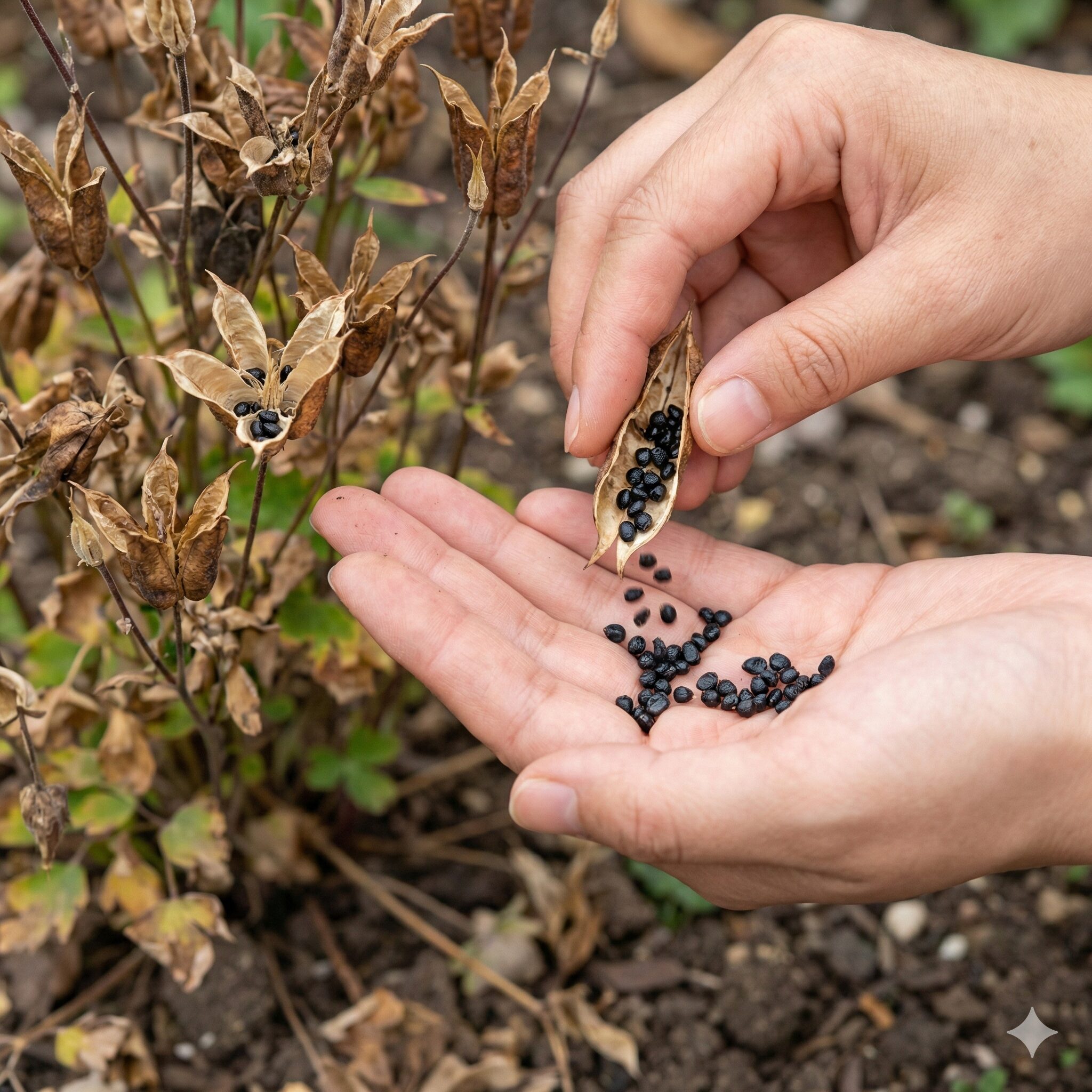 オダマキ 種まき 発芽 しない7　オダマキの乾燥した朔果からこぼれ落ちる新鮮な黒い種子