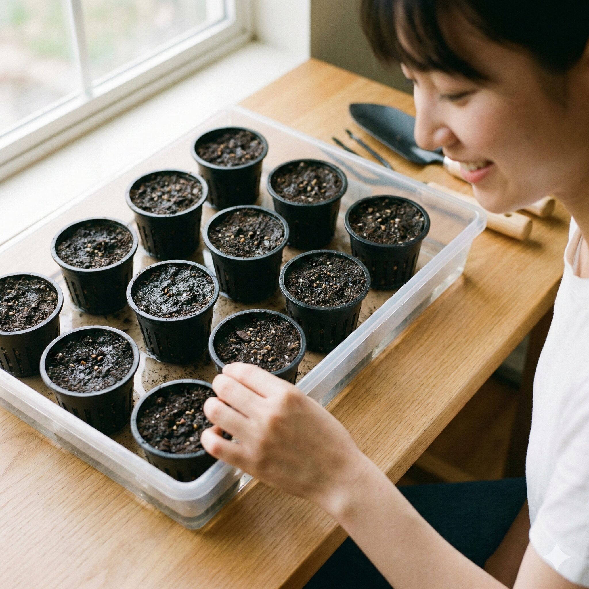 オダマキ 種まき 発芽 しない9　トレーに水を張って底面給水（腰水）で管理しているオダマキの苗床