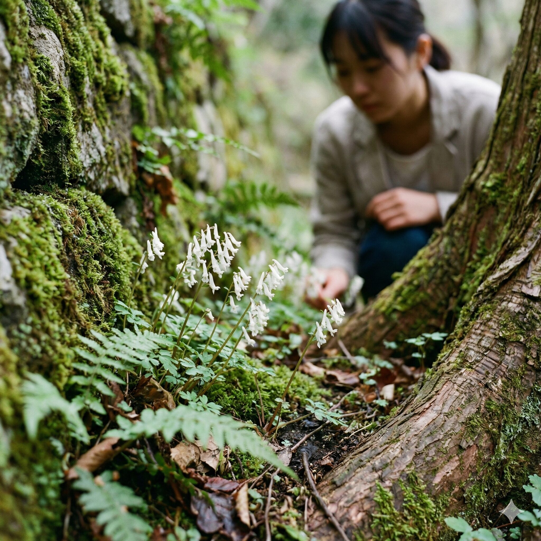 オダマキに似た花1　庭の石垣の隙間にひっそりと咲く、オダマキに似た極小の白い花を持つヒメウズの様子。