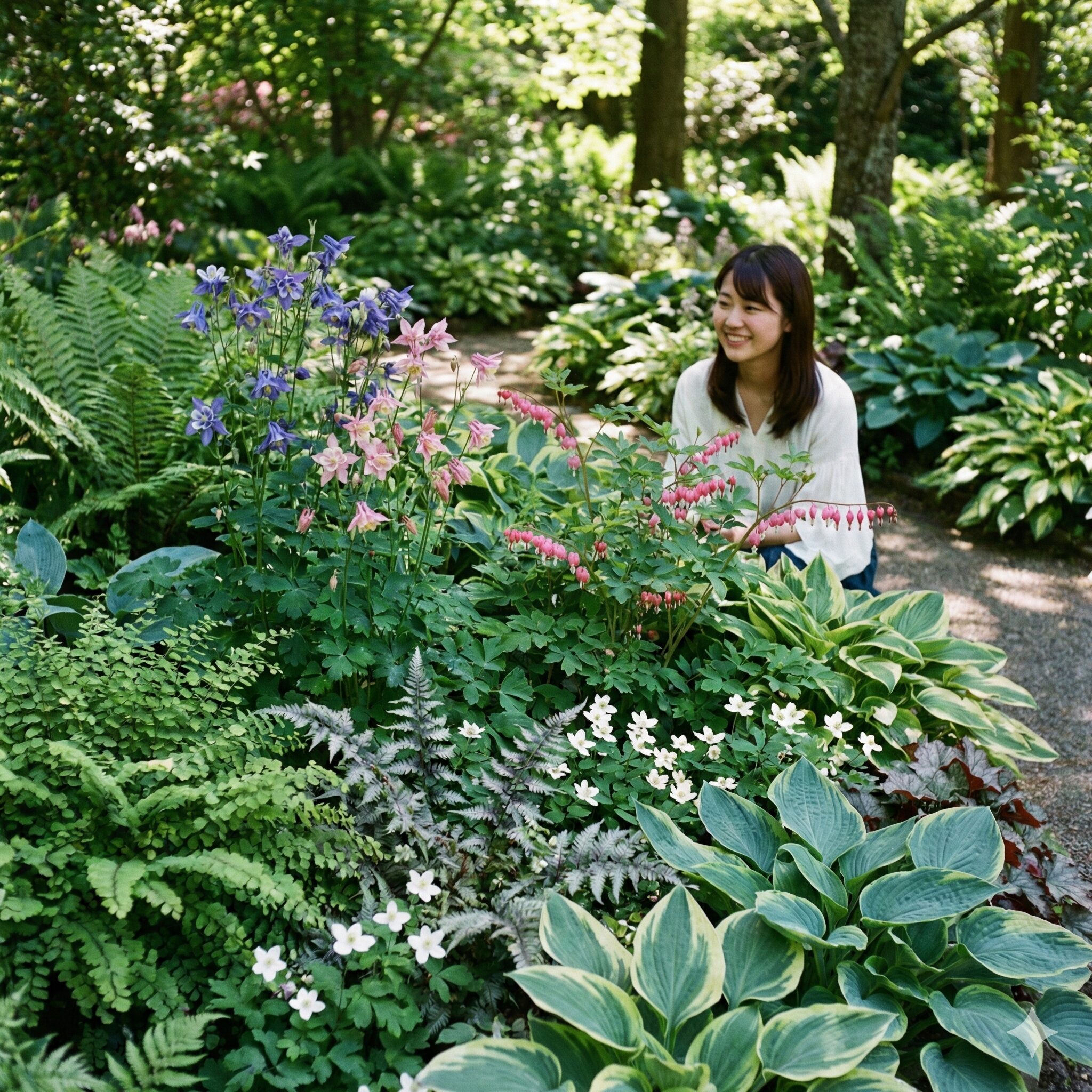オダマキに似た花10　オダマキ、ケマンソウ、バイカカラマツなどが混植された、美しい葉のグラデーションが楽しめるシェードガーデンの風景。