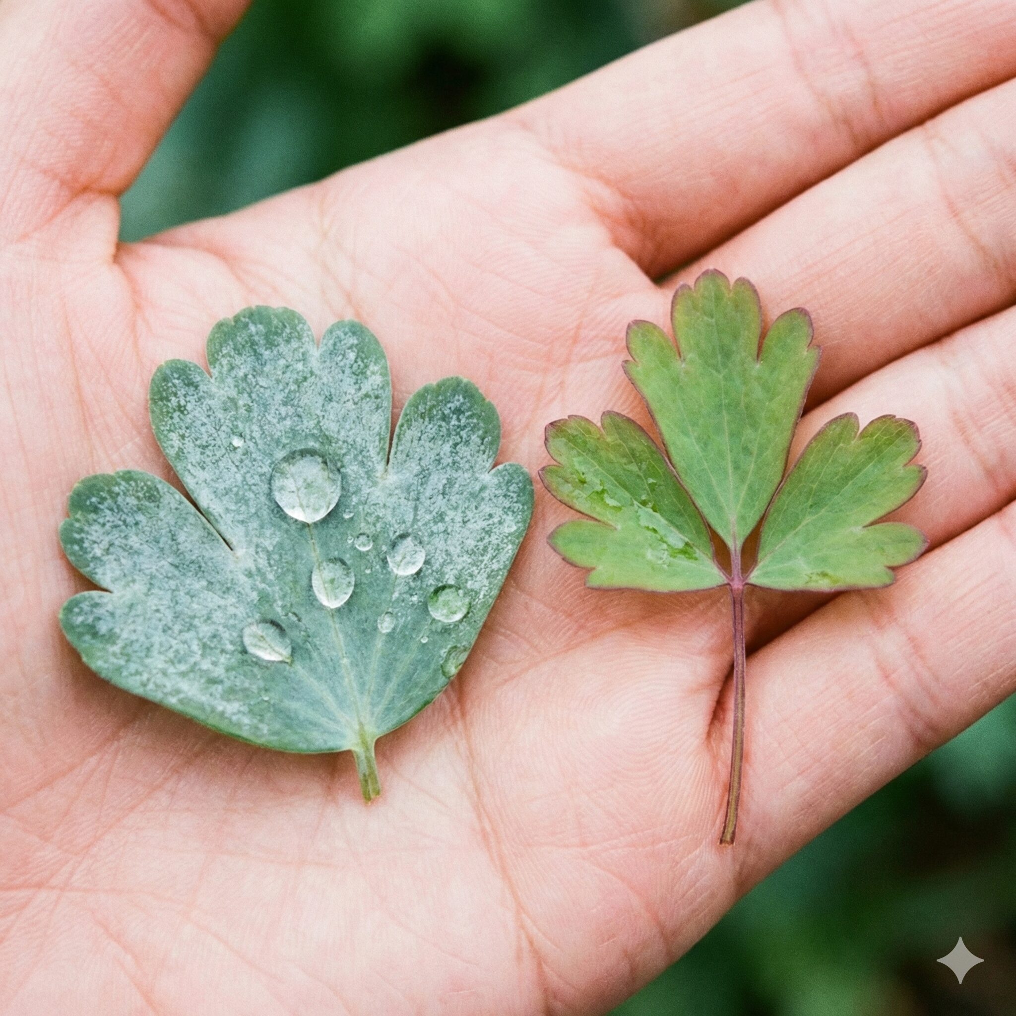 オダマキに似た花4　オダマキの大きな花とヒメウズの極小の花のサイズ感を比較した写真。