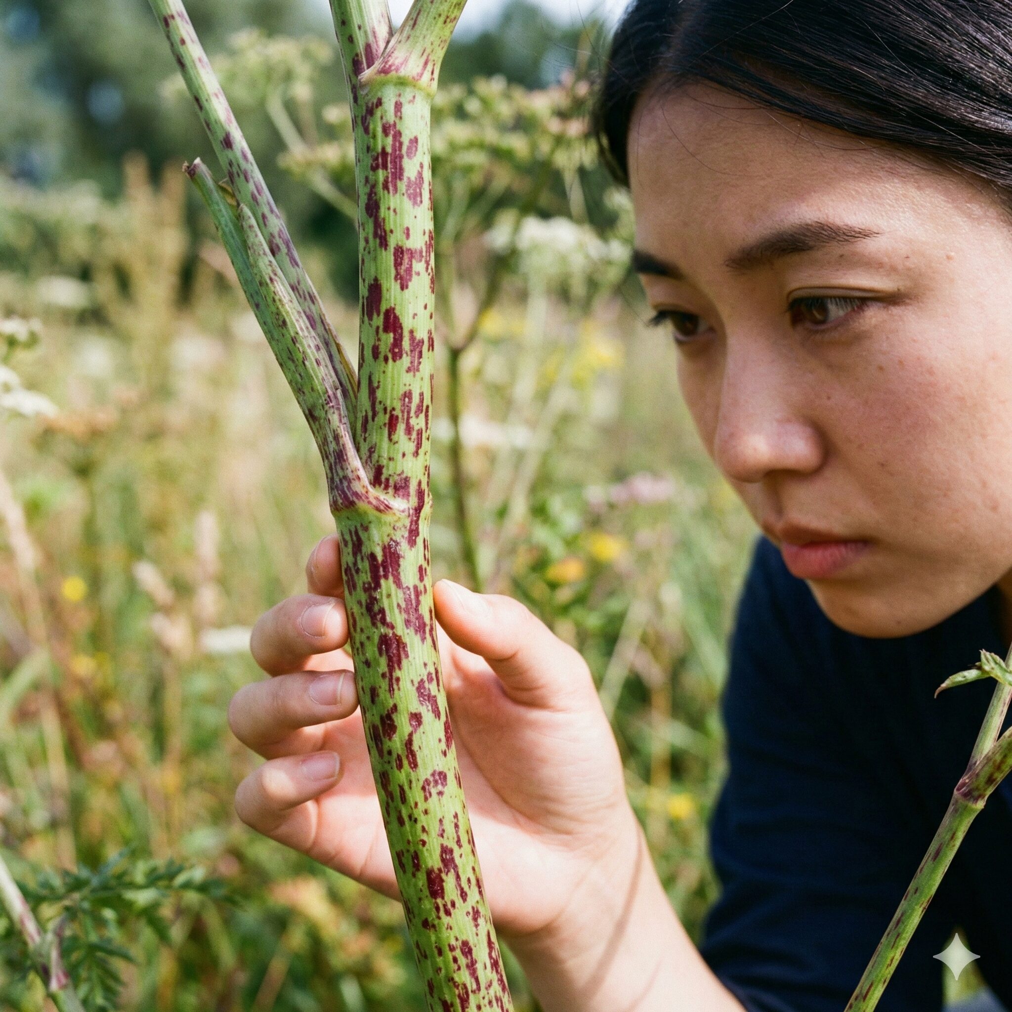 オダマキに似た花5　オダマキの粉白色の若葉と、ヒメウズの薄く赤みを帯びた葉の質感と形状を比較した写真。