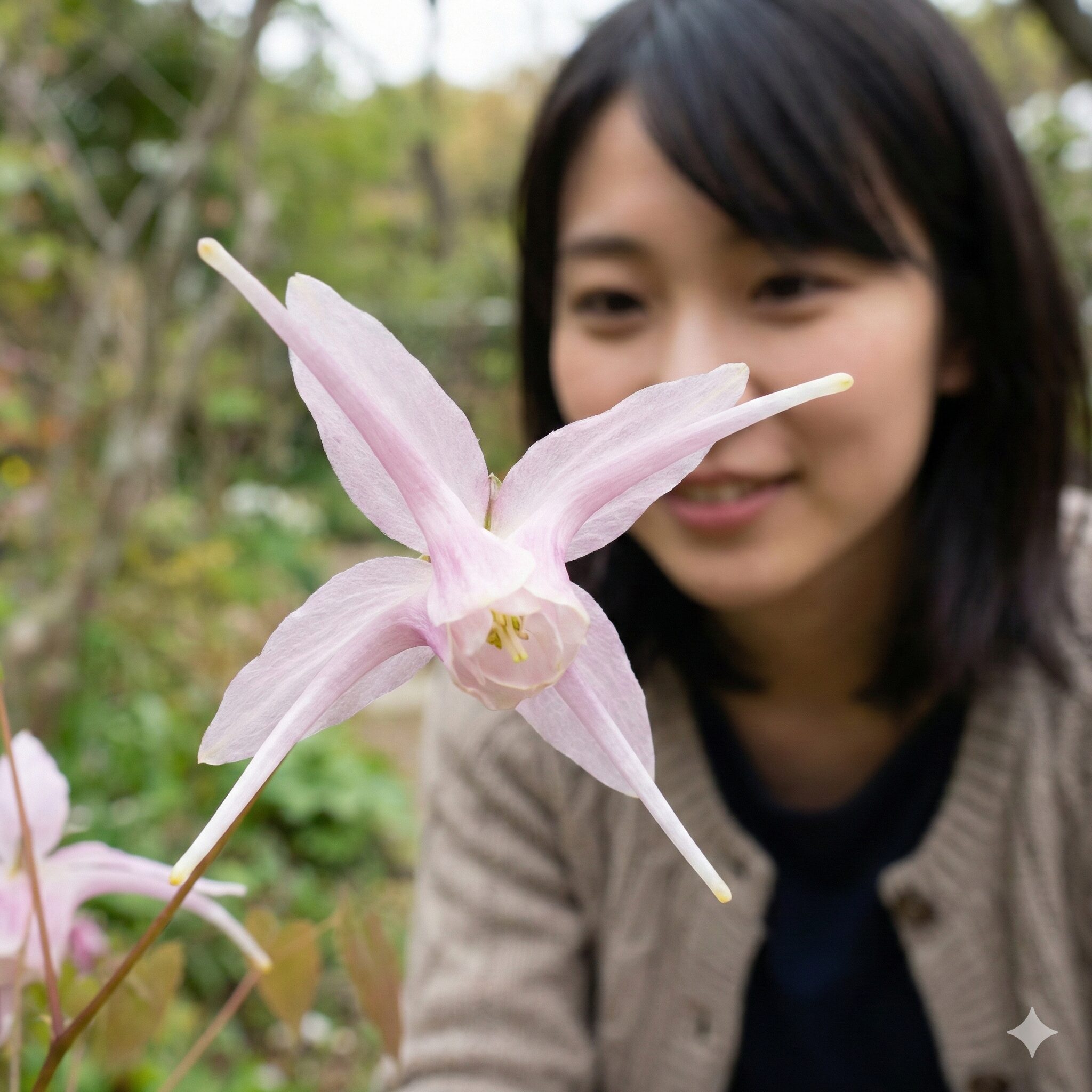 オダマキに似た花7　オダマキに似た雰囲気を持つ、アーチ状の茎にピンク色のハート形の花がぶら下がるケマンソウの様子。