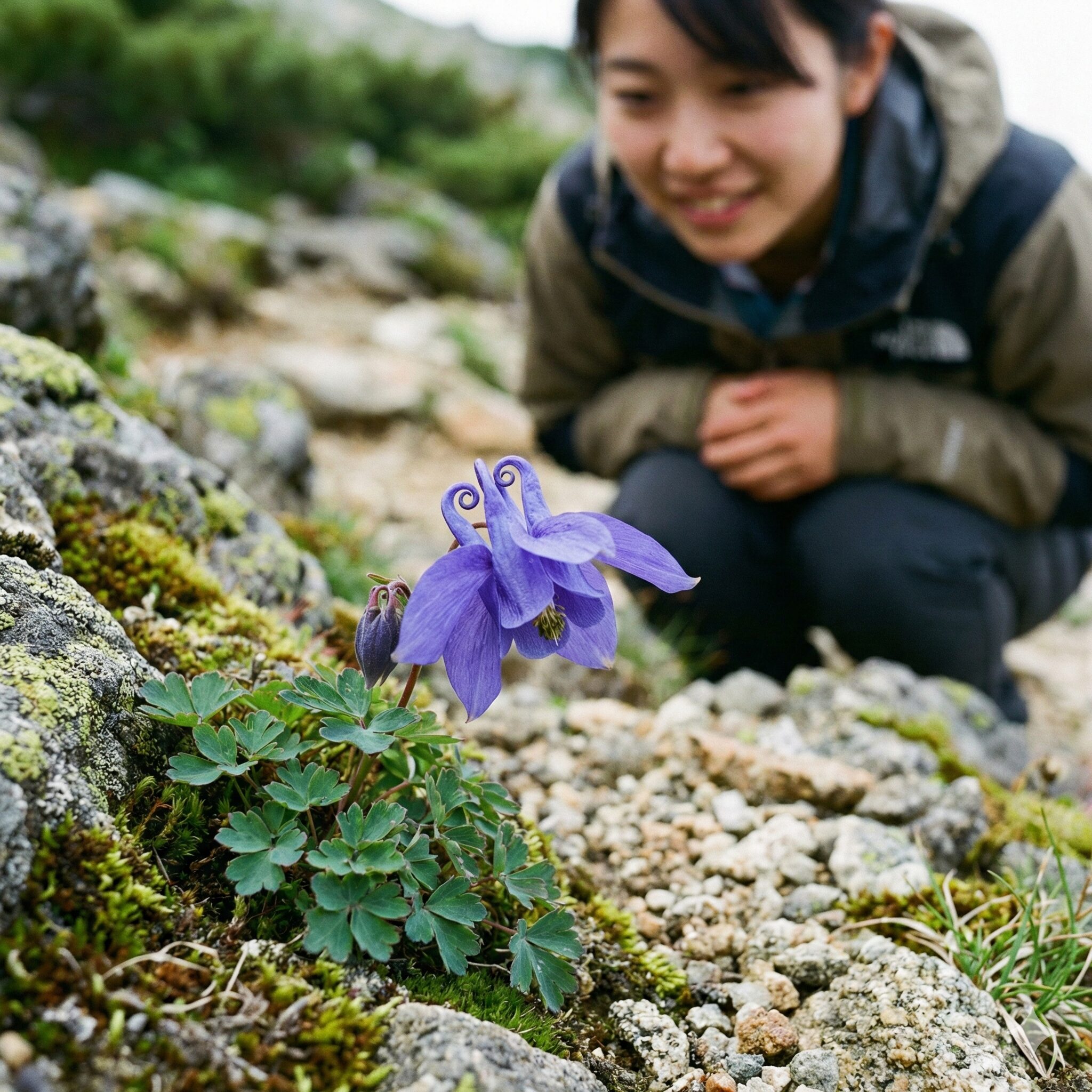 オダマキに似た花8　オダマキと同様に長い「距」を持つ、船の錨のような形をしたイカリソウの花のクローズアップ写真。