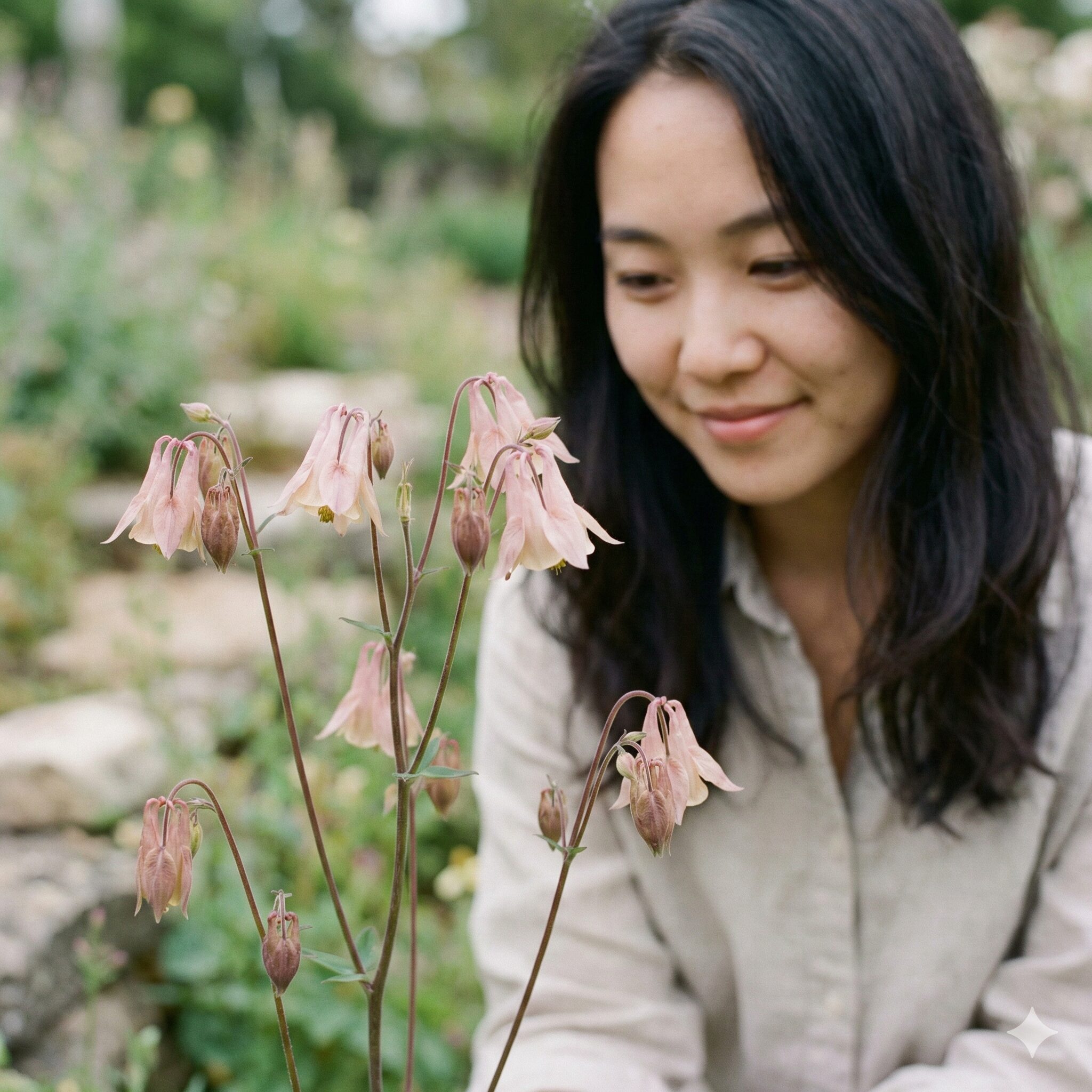 オダマキに似た花9　距がなく筒状の花が風鈴のようにうつむいて咲く、風鈴オダマキの愛らしい様子。
