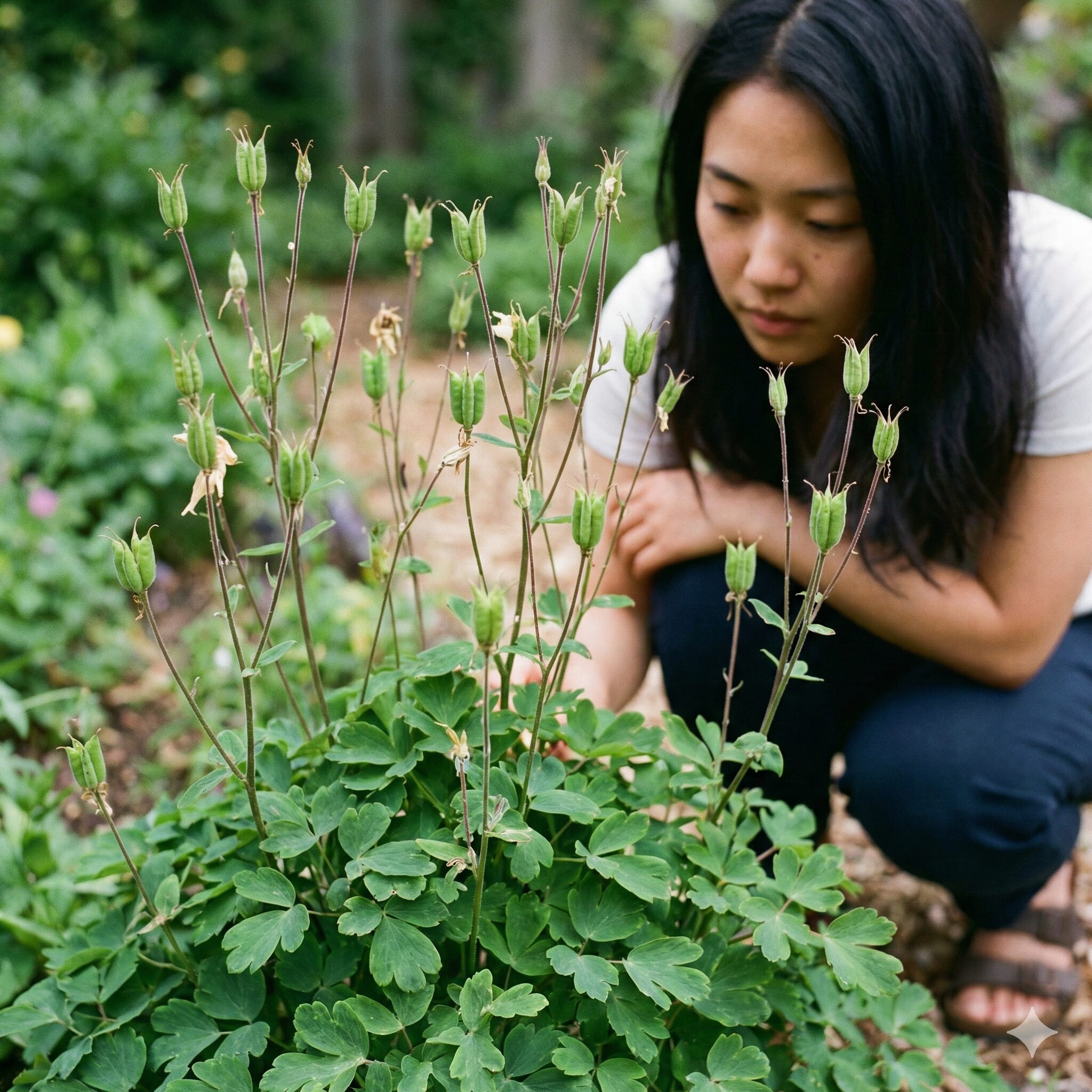 オダマキ花が終わったら1　花が終わり、種鞘ができ始めた初夏のオダマキの株の様子