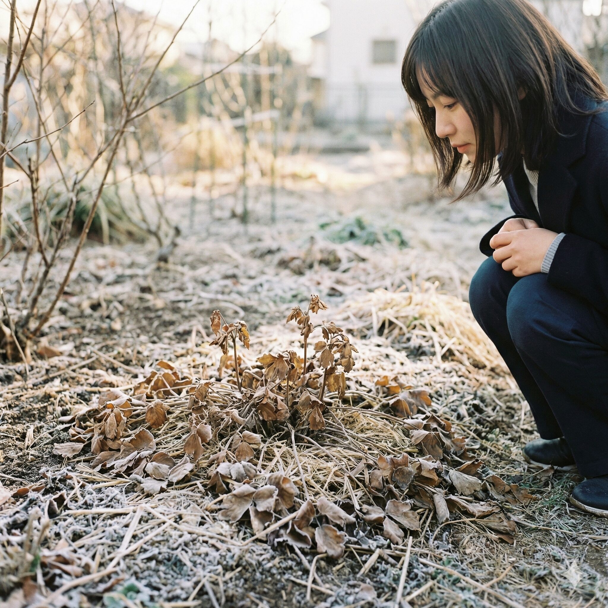 オダマキ花が終わったら10　オダマキの冬越しの姿。地上部の葉が茶色く枯れて休眠し、春を待っている様子