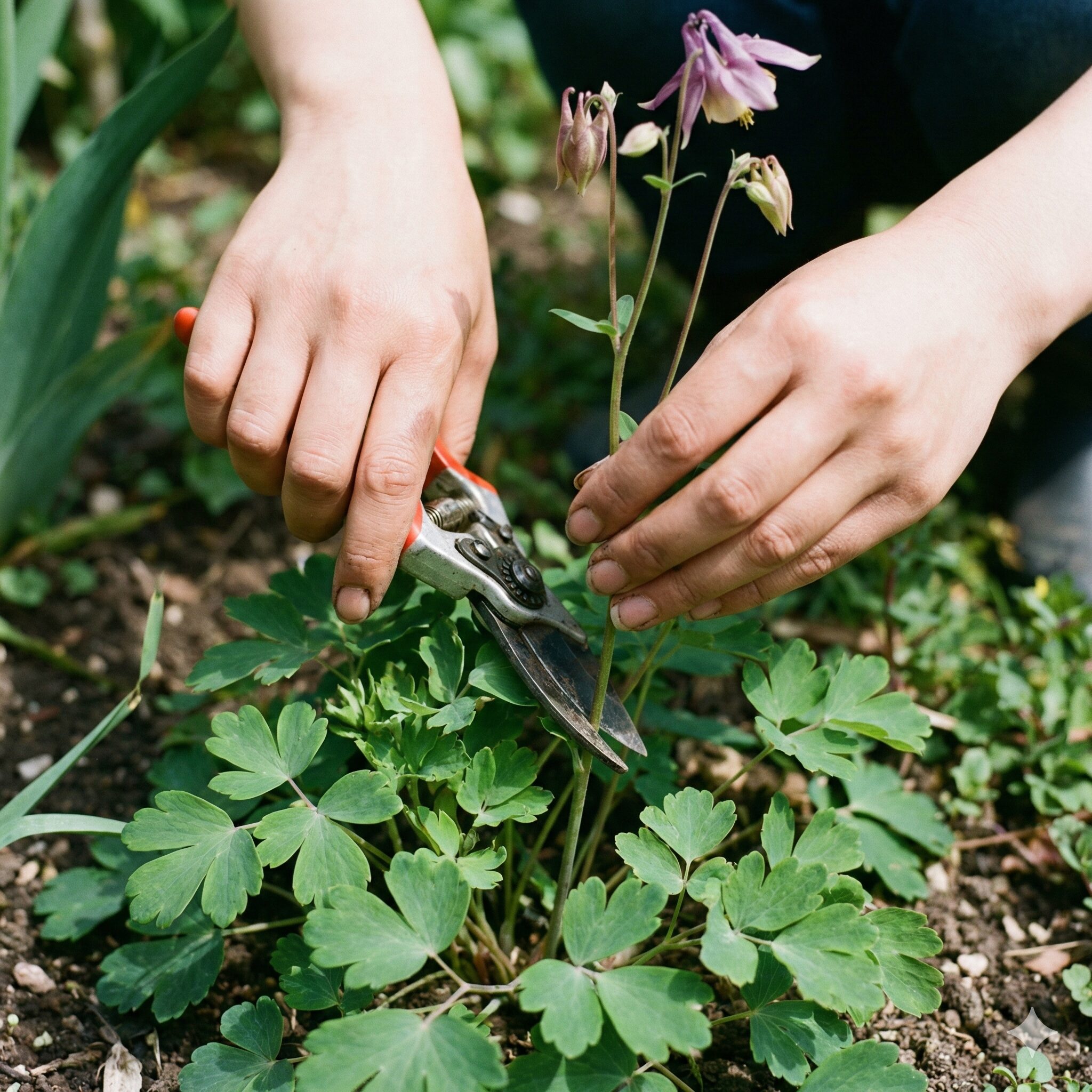 オダマキ花が終わったら2　オダマキの花後の剪定。根出葉を残して花茎の根元をハサミで切る様子