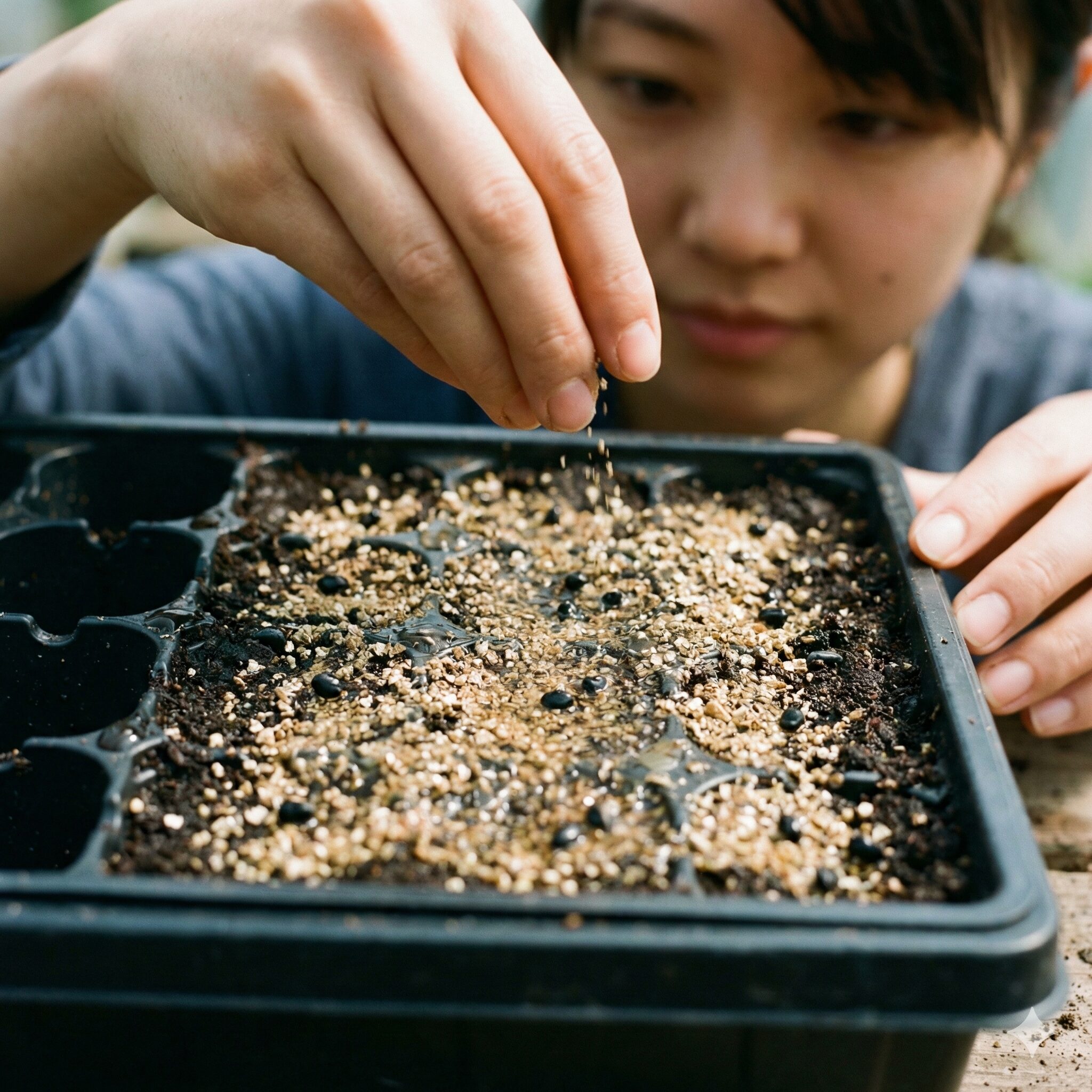 オダマキ花が終わったら4　オダマキの種まき。好光性種子のため、土をほとんど被せずに薄くまいている様子