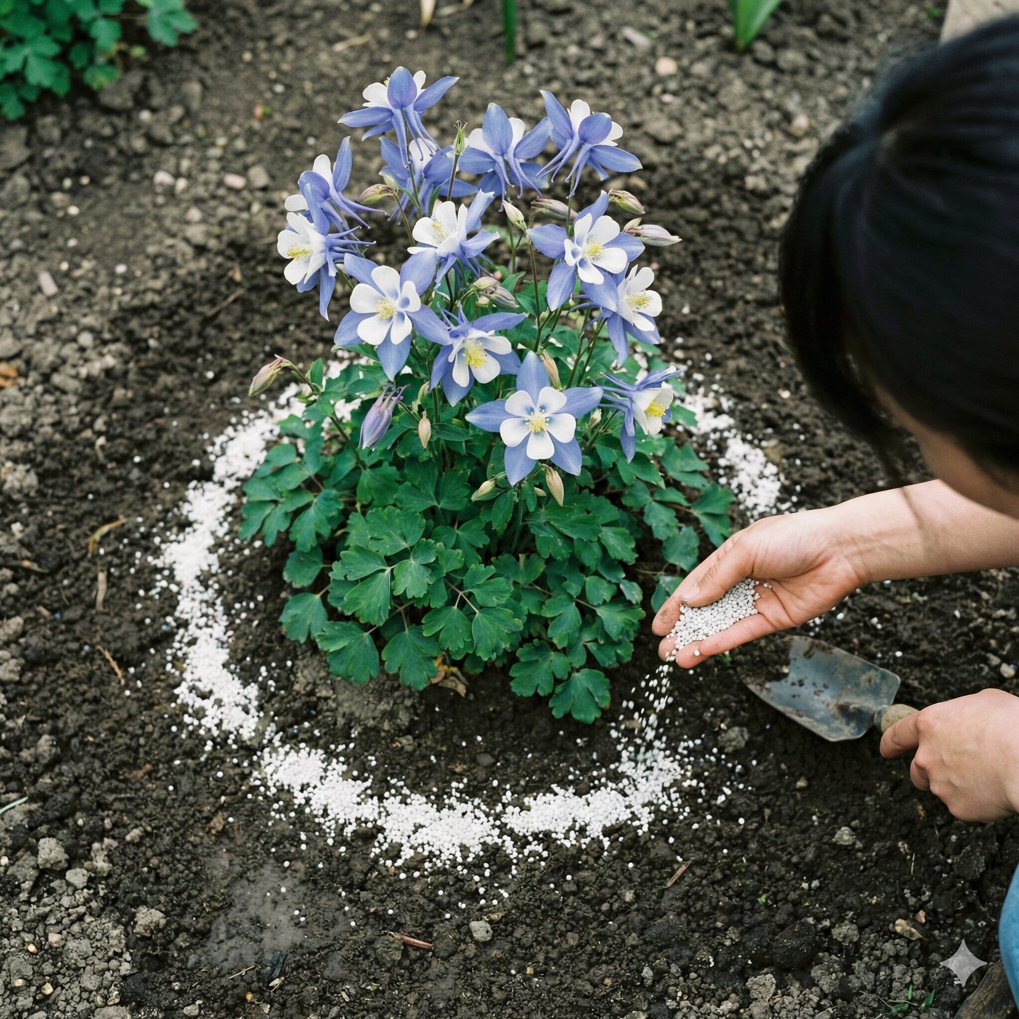 オダマキ花が終わったら5　オダマキのお礼肥。株元から離して緩効性肥料を施している様子
