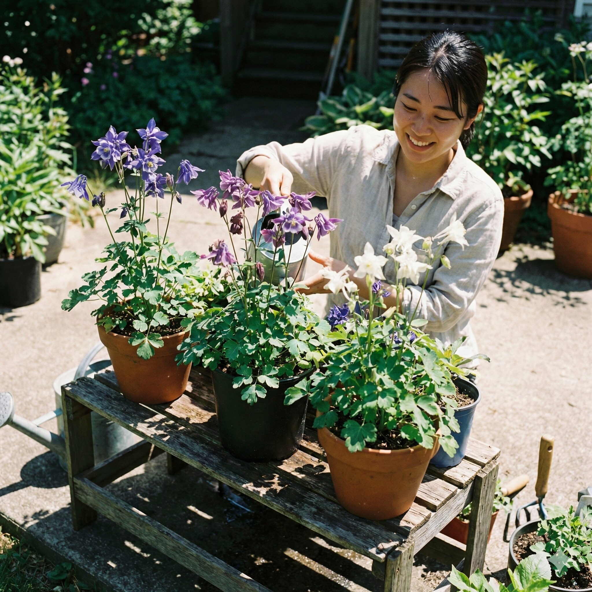 オダマキ花が終わったら6　オダマキの夏越し対策。鉢植えをフラワースタンドに載せて地熱と蒸れを防いでいる様子