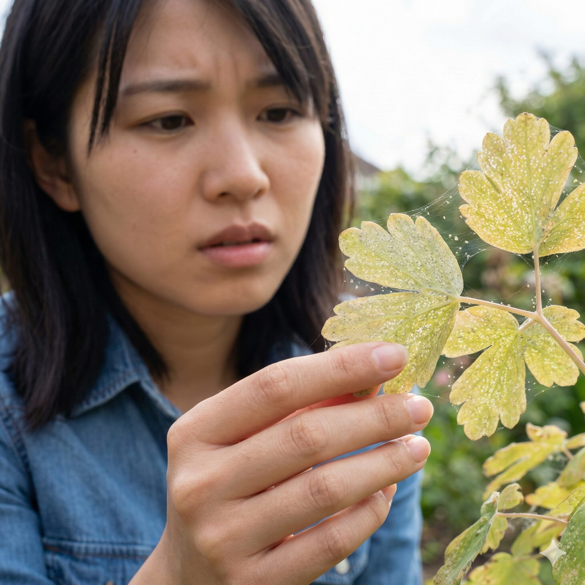 オダマキ花が終わったら7　ハダニの被害を受けたオダマキの葉。表面が白くカスリ状に変色している様子