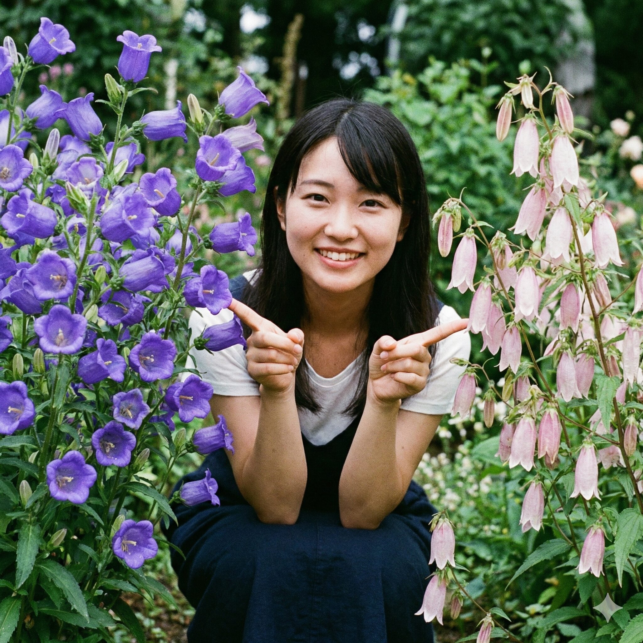カンパニュラ に似た花1　上向きに咲く青紫色のカンパニュラと、下向きに咲く淡いピンク色のホタルブクロの比較写真。花の向きの違いが明確に示されている。