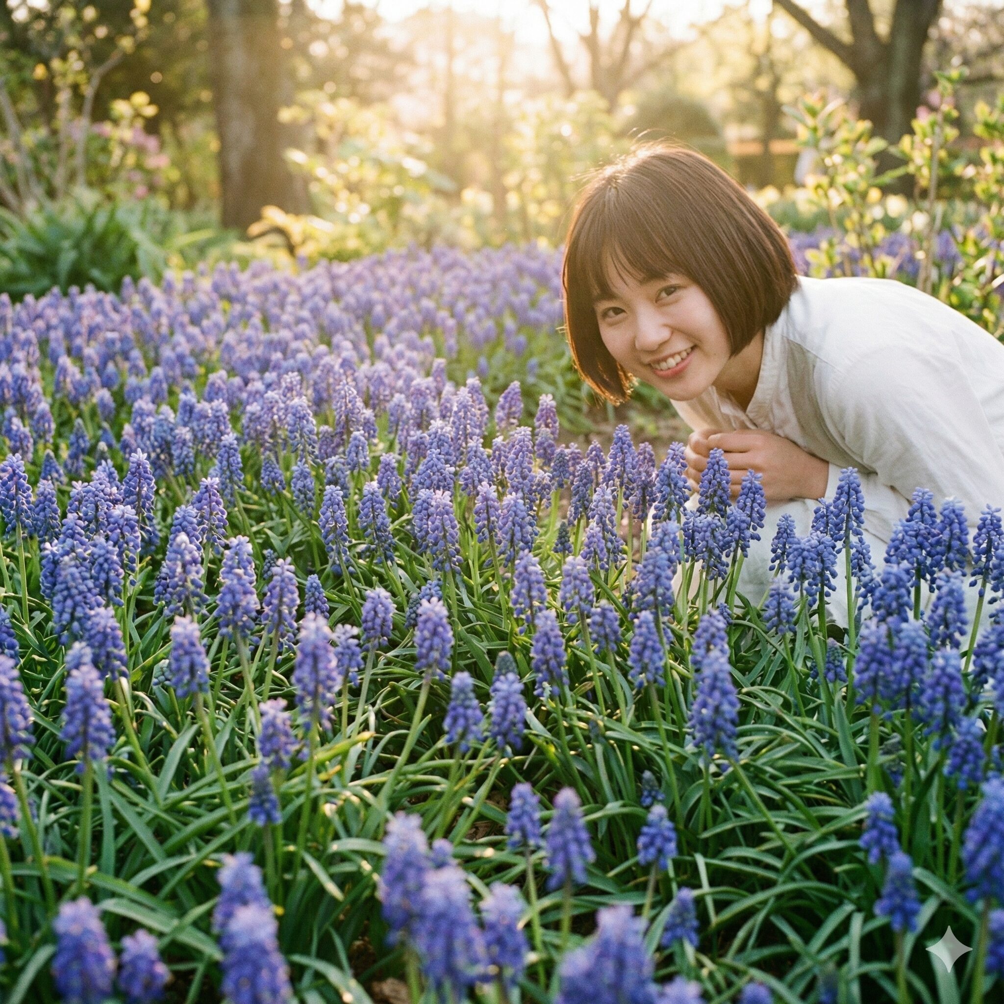 カンパニュラ に似た花10　春の庭で青紫色の小さな釣鐘型の花を密集させて咲かせているムスカリの群生写真。ローアングルからの撮影。