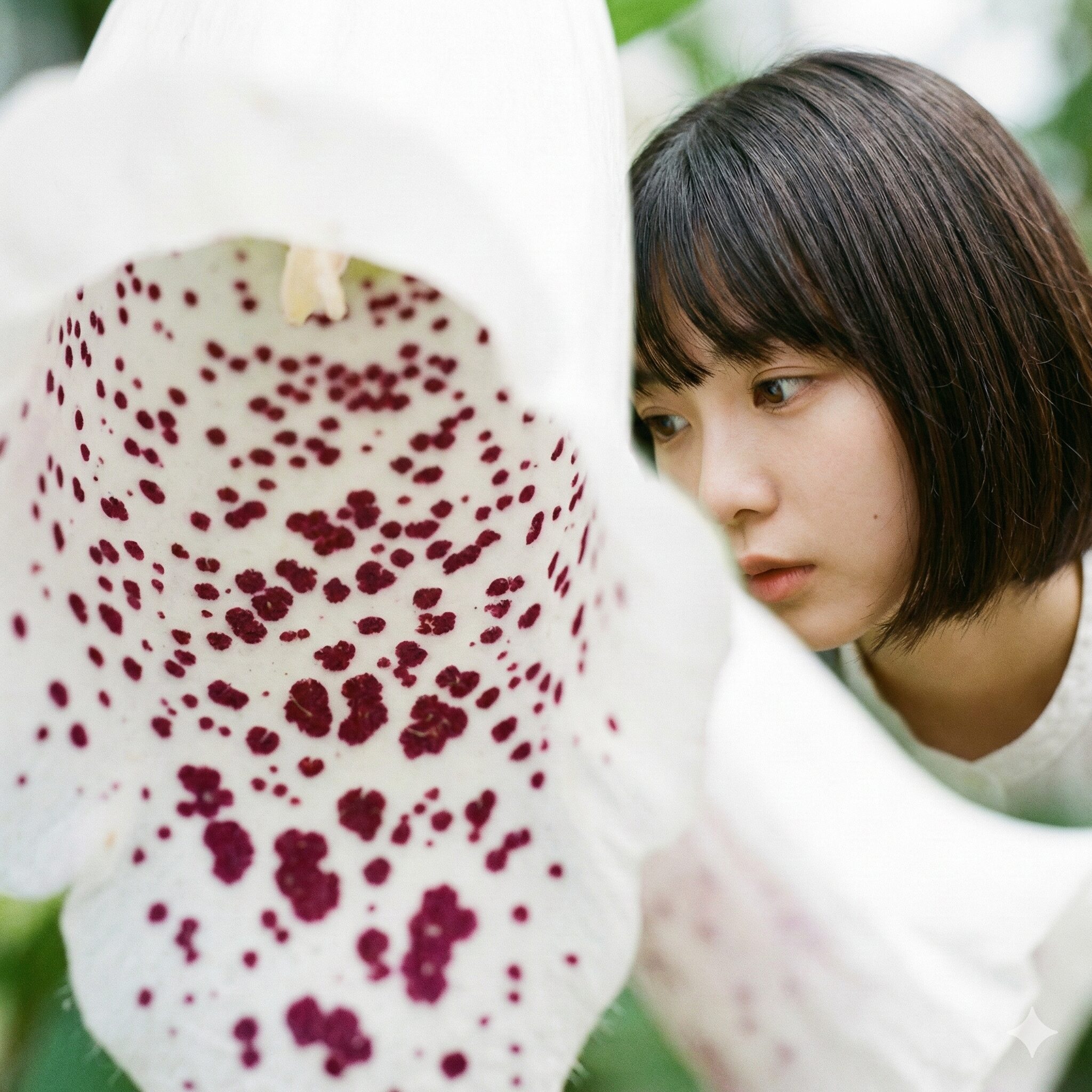 カンパニュラ に似た花2　ホタルブクロの花冠内部のクローズアップ写真。特徴的な濃い赤紫色の斑点模様がはっきりと見える。