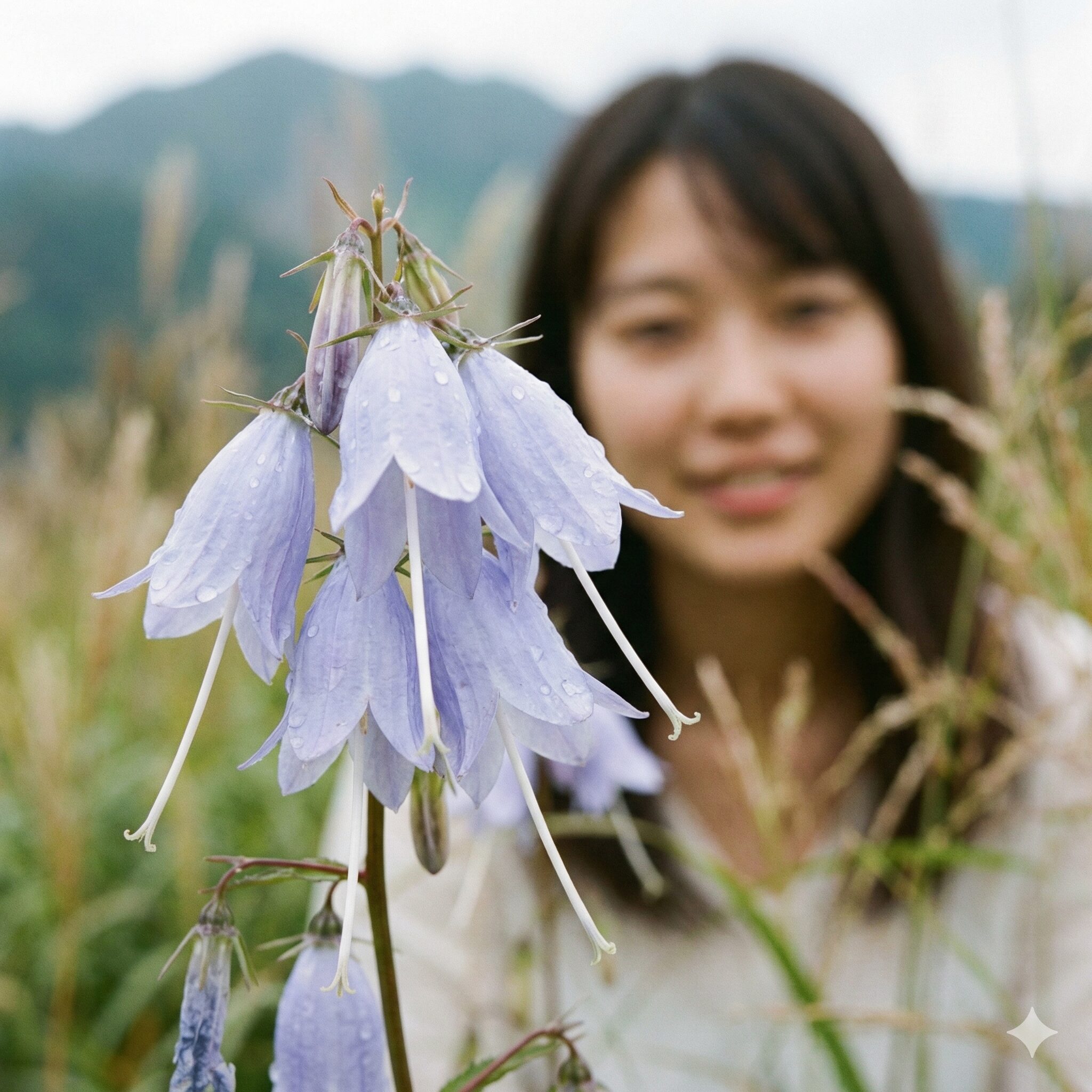 カンパニュラ に似た花4　花冠から雌蕊（花柱）が長く突き出ているツリガネニンジンの花のクローズアップ写真。