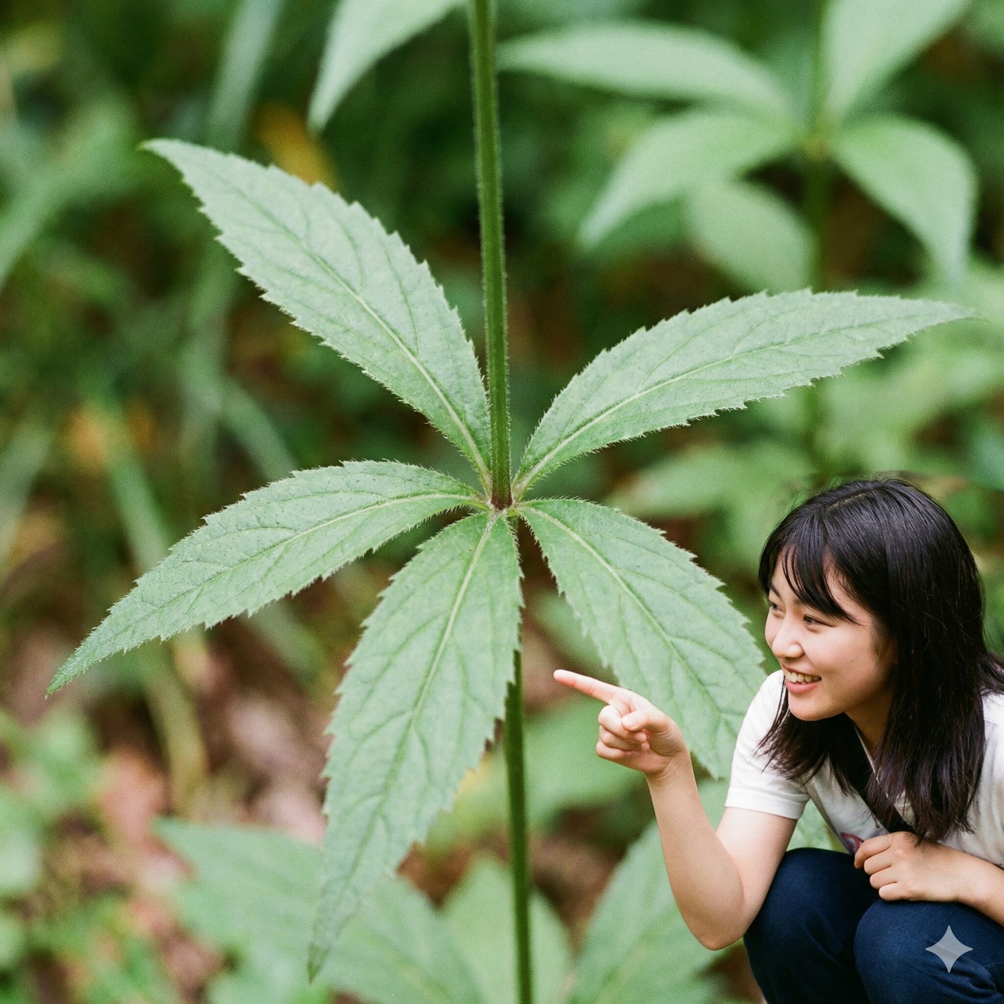 カンパニュラ に似た花5　ツリガネニンジンの茎から数枚の葉が放射状に輪生している様子を捉えた写真。