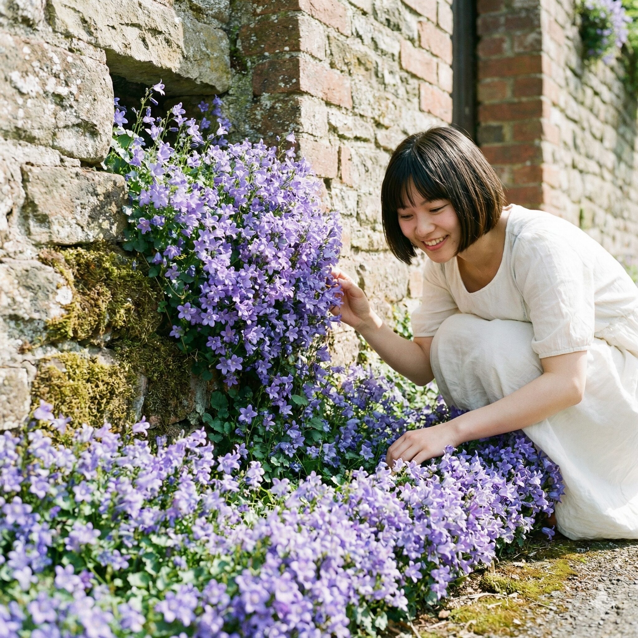 カンパニュラ に似た花6　石垣の隙間から地面を這うように広がり、青紫色の小花を密集させて咲かせているベルフラワー（オトメギキョウ）の写真。