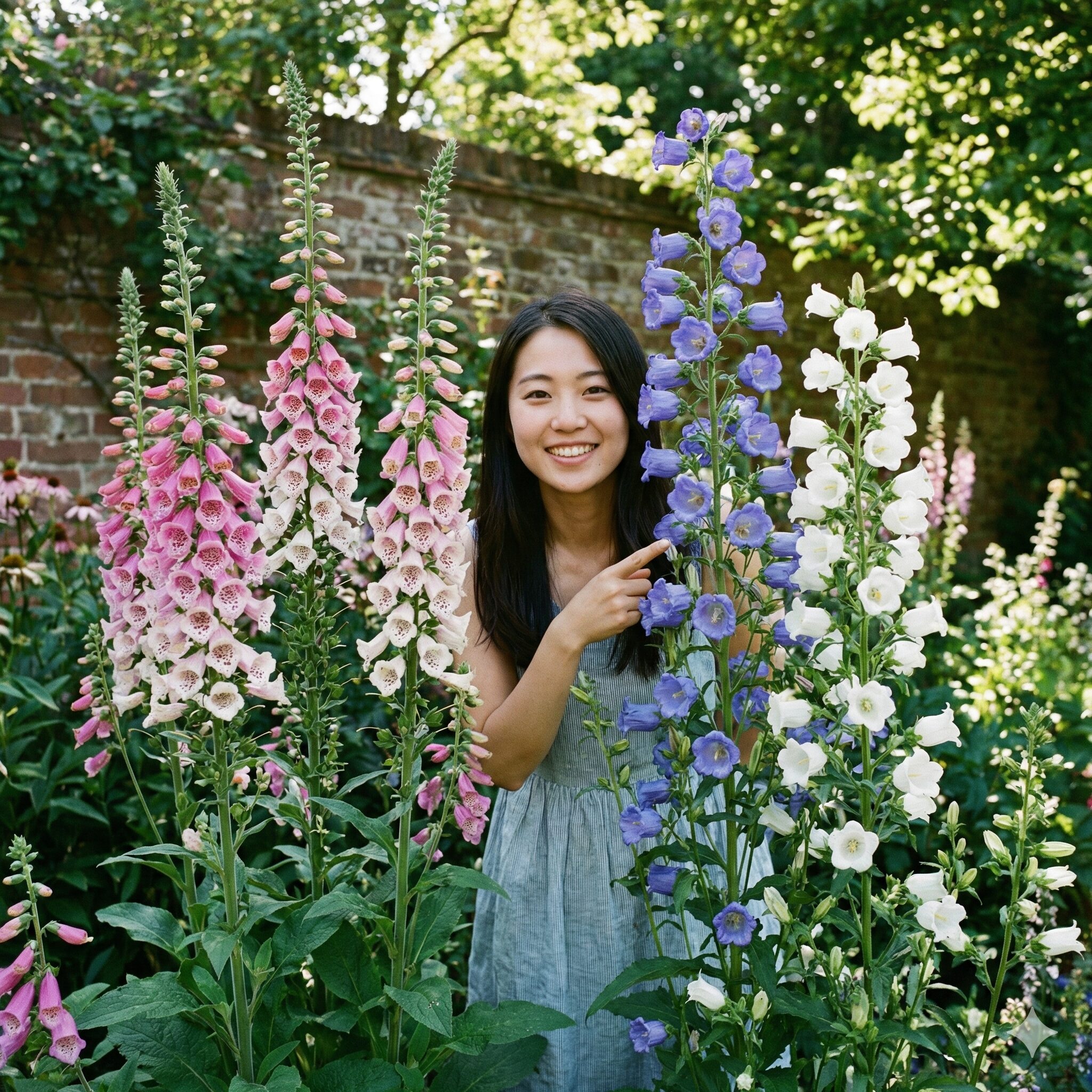 カンパニュラ に似た花7　背が高く穂状に花を咲かせるジギタリスと、隣り合うカンパニュラ・メディウムの比較写真。シルエットの類似性と細部の違いが分かる。