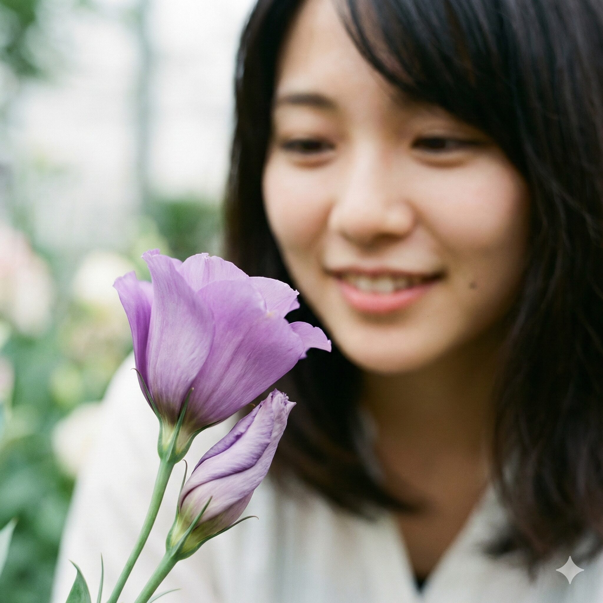 カンパニュラ に似た花8　カンパニュラに似たカップ状の花を咲かせる、一重咲きの紫色のトルコキキョウのクローズアップ写真。