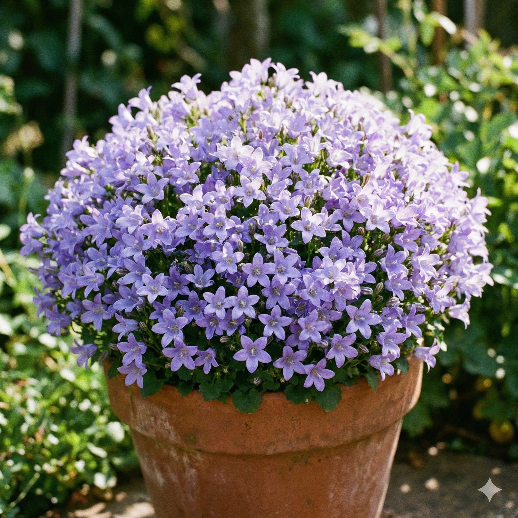 カンパニュラ メリーベル 育て方1　鉢植えで満開に咲き誇り、株全体をラベンダーブルーの花が覆い尽くすカンパニュラ・メリーベル